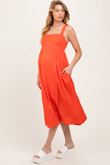 Orange Linen Blend Square Neck Maternity Midi Dress