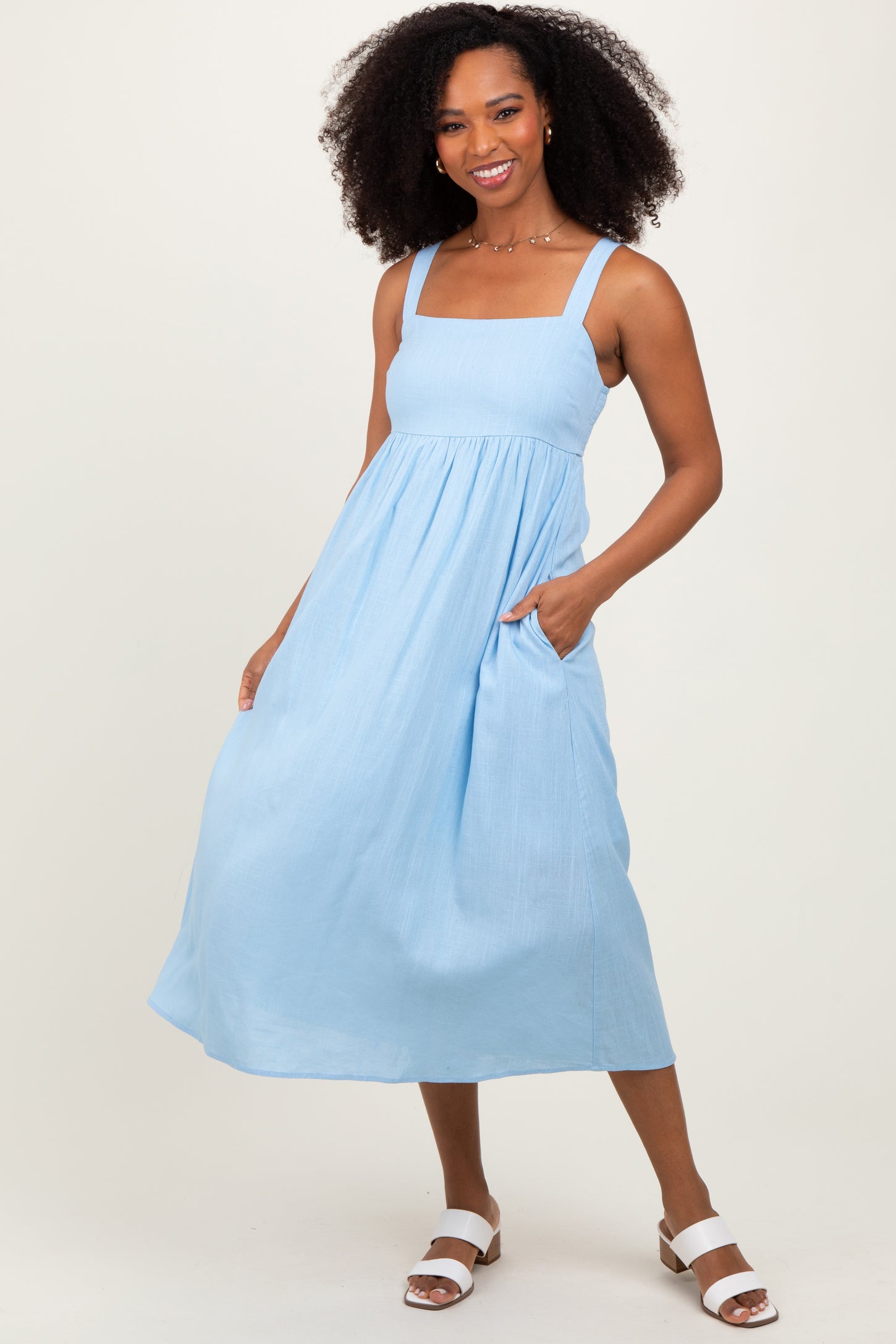 Blue Linen Blend Square Neck Midi Dress Blue Linen Blend Square Neck Midi Dress
