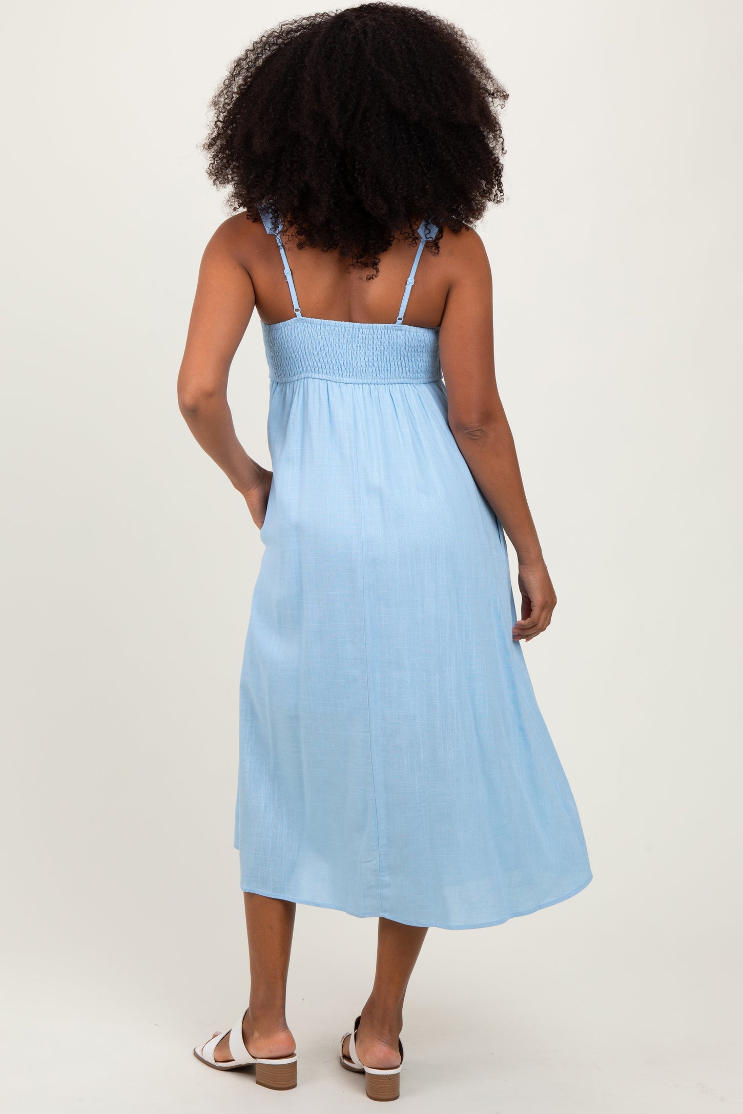 Blue Linen Blend Square Neck Midi Dress Blue Linen Blend Square Neck Midi Dress