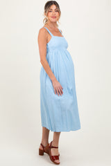 Blue Linen Blend Square Neck Maternity Midi Dress
