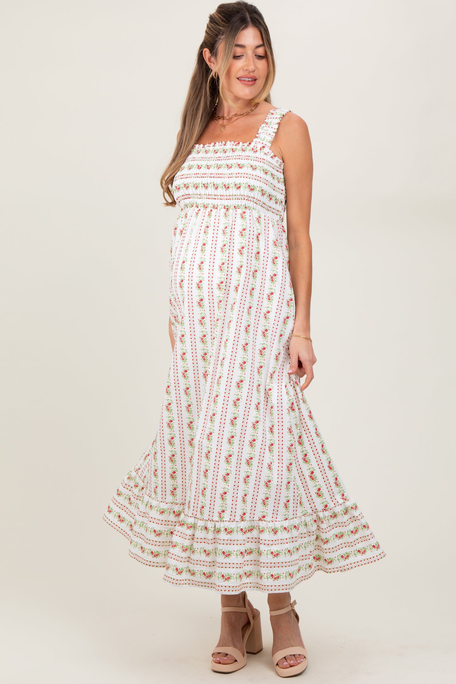 Red Floral Smocked Sleeveless Maternity Maxi Dress