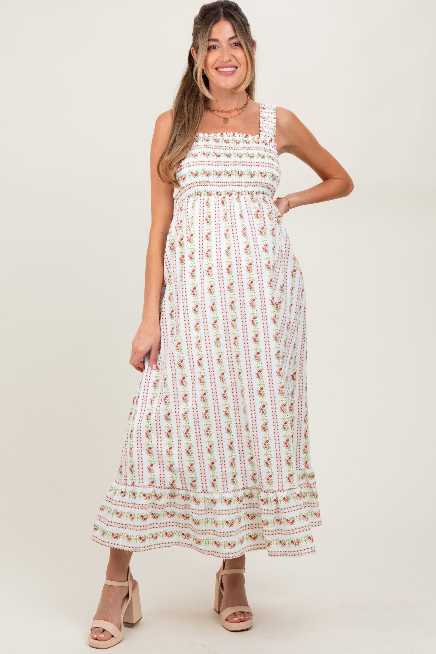 Red Floral Smocked Sleeveless Maternity Maxi Dress