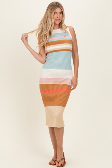 Light Olive Colorblock Striped Knit Sleeveless Midi Dress