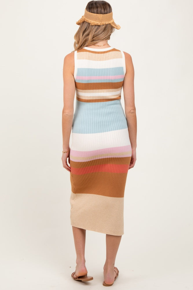 Light Olive Colorblock Striped Knit Sleeveless Maternity Midi Dress