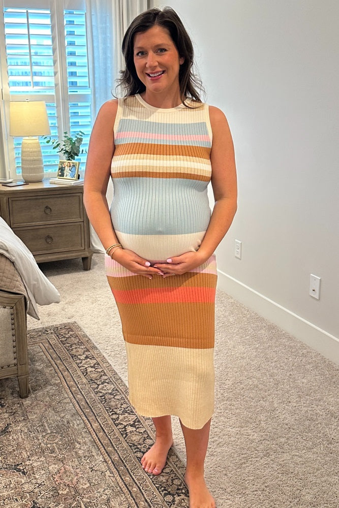 Light Olive Colorblock Striped Knit Sleeveless Maternity Midi Dress