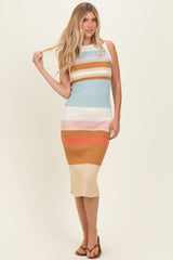 woman wearing a fitted ribbed midi dress with multi-colored horizontal stripes in shades of blue, pink, orange, and beige