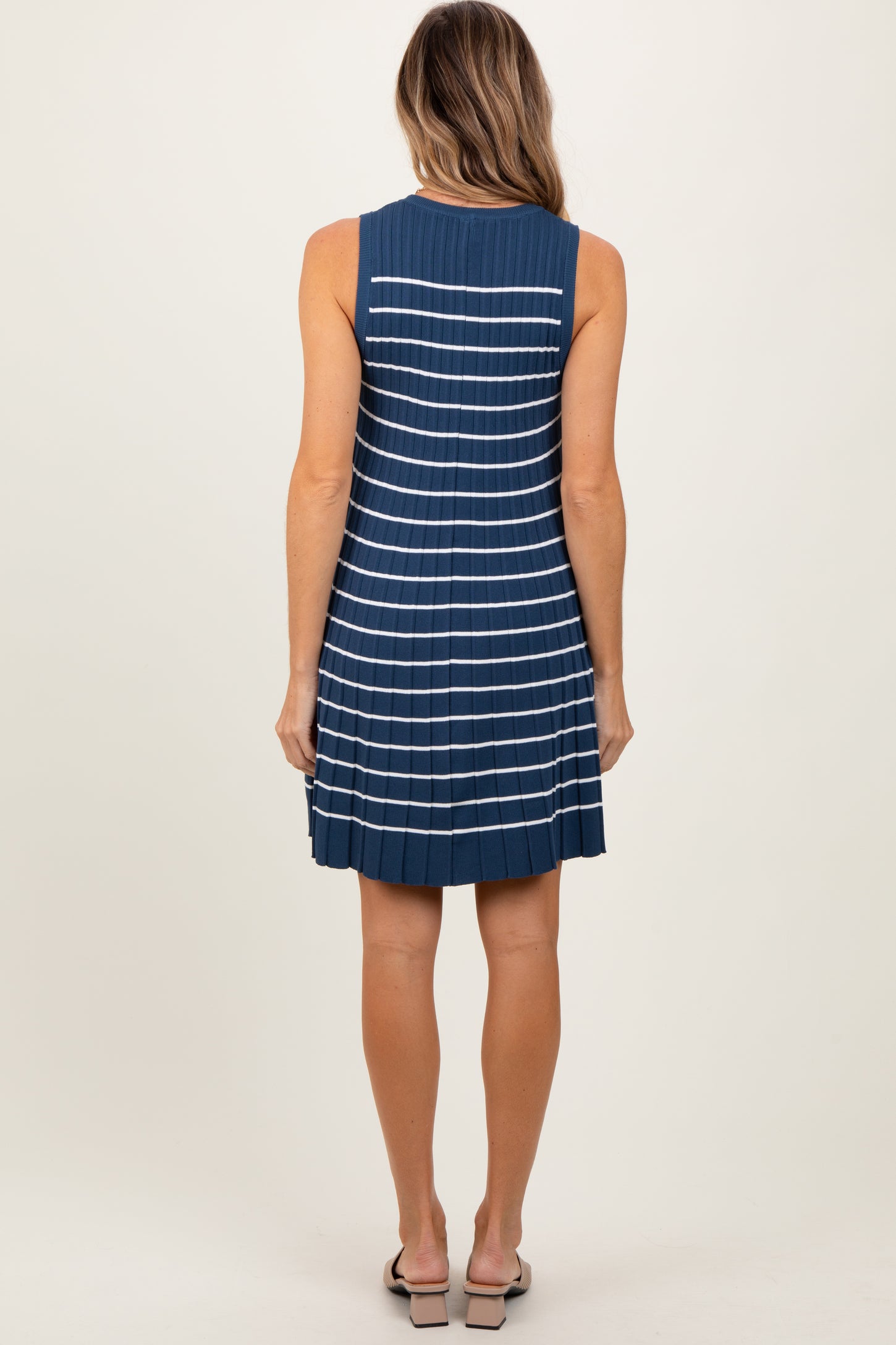 Navy Ribbed Pleated Knit Sleeveless Mini Dress PinkBlush Navy Ribbed Pleated Knit Sleeveless Mini Dress PinkBlush