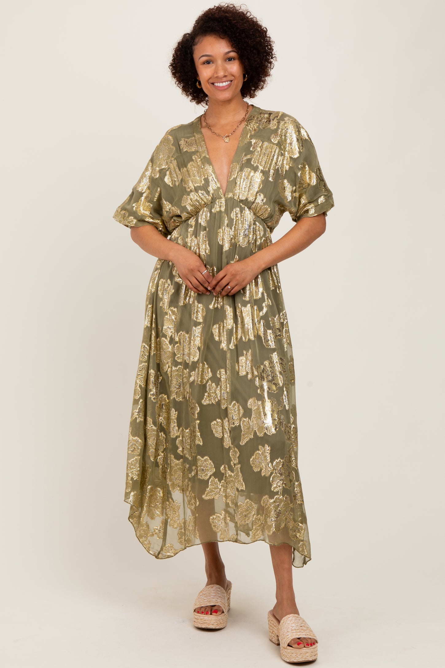 Olive Metallic Floral Jacquard Overlay Maxi Dress
