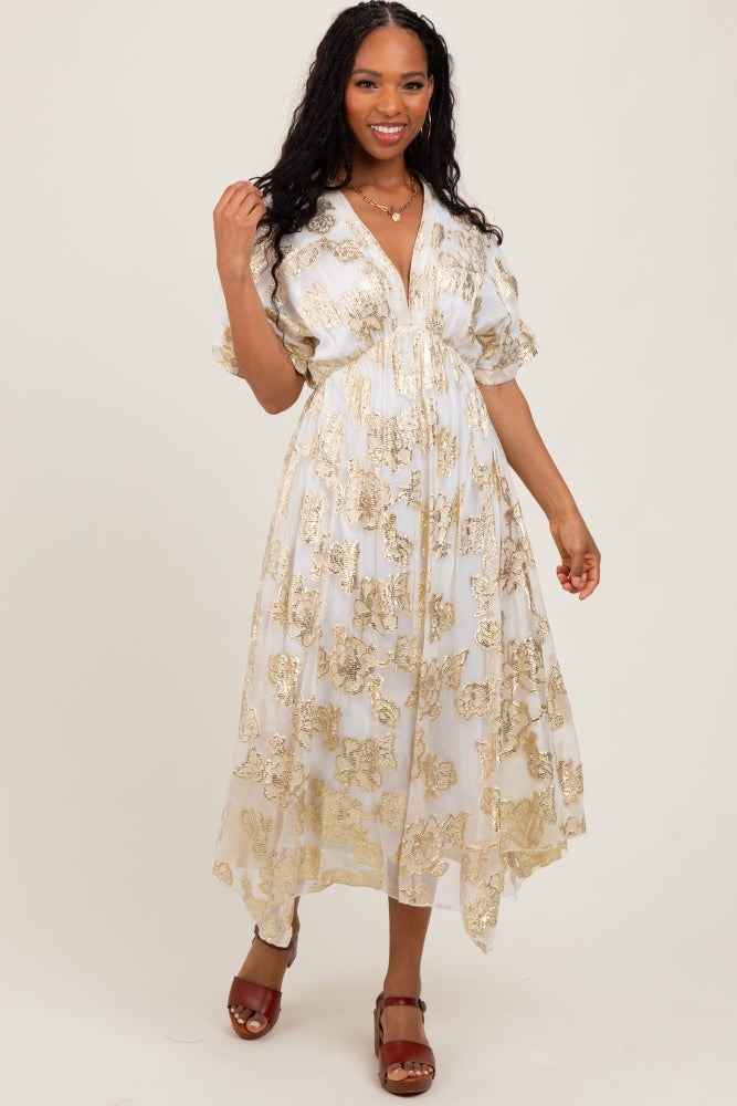 Cream Metallic Floral Jacquard Overlay Maxi Dress