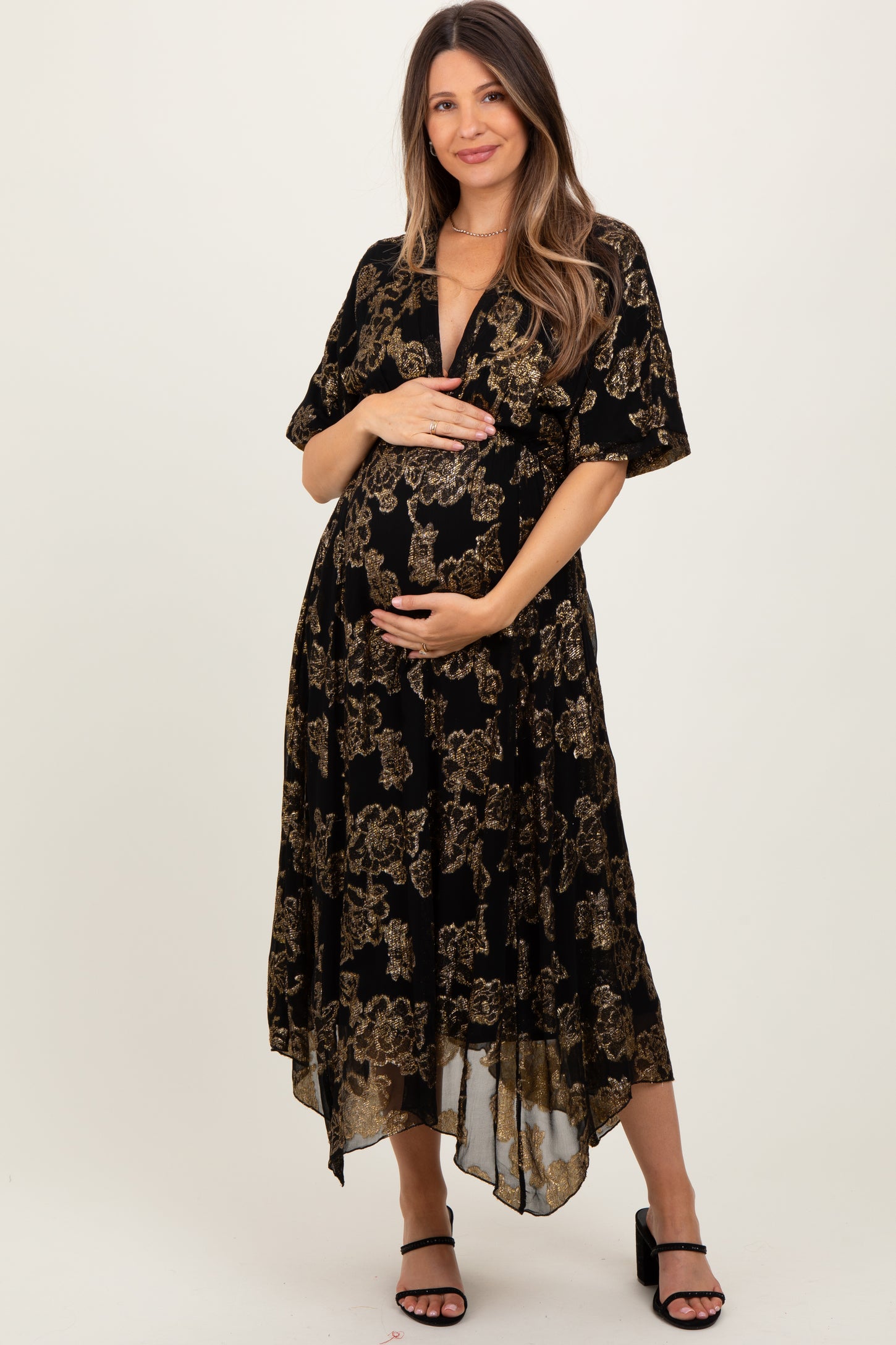 Black Metallic Floral Jacquard Overlay Maternity Maxi Dress PinkBlush Black Metallic Floral Jacquard Overlay Maternity Maxi Dress PinkBlush