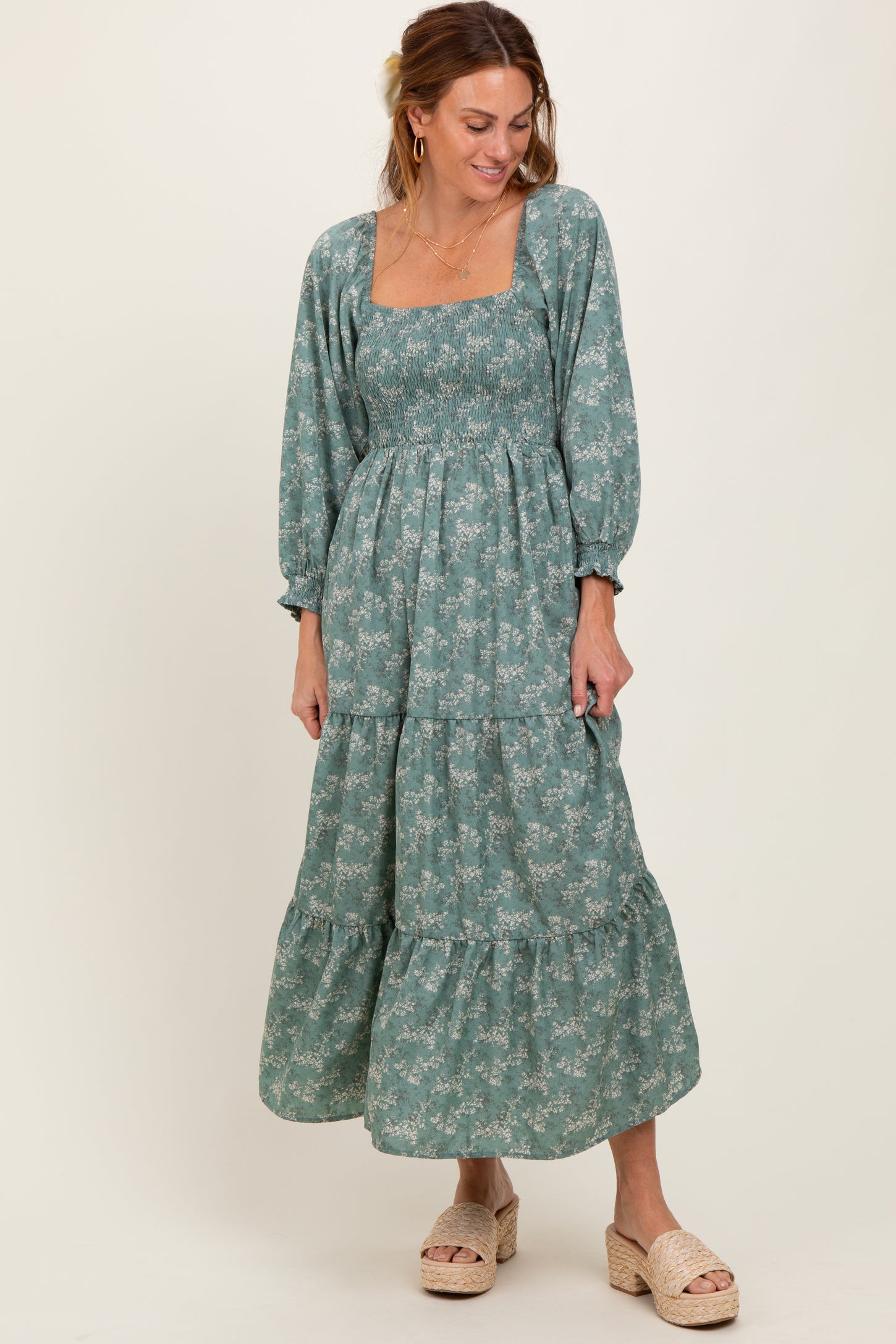 Light Olive Floral Smocked Square Neck Maternity Maxi Dress