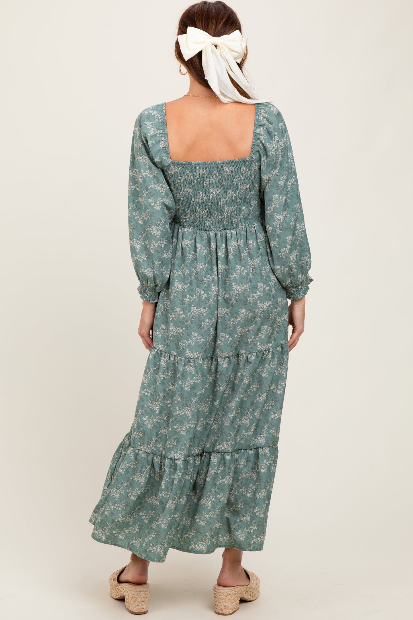 Light Olive Floral Smocked Square Neck Maxi Dress