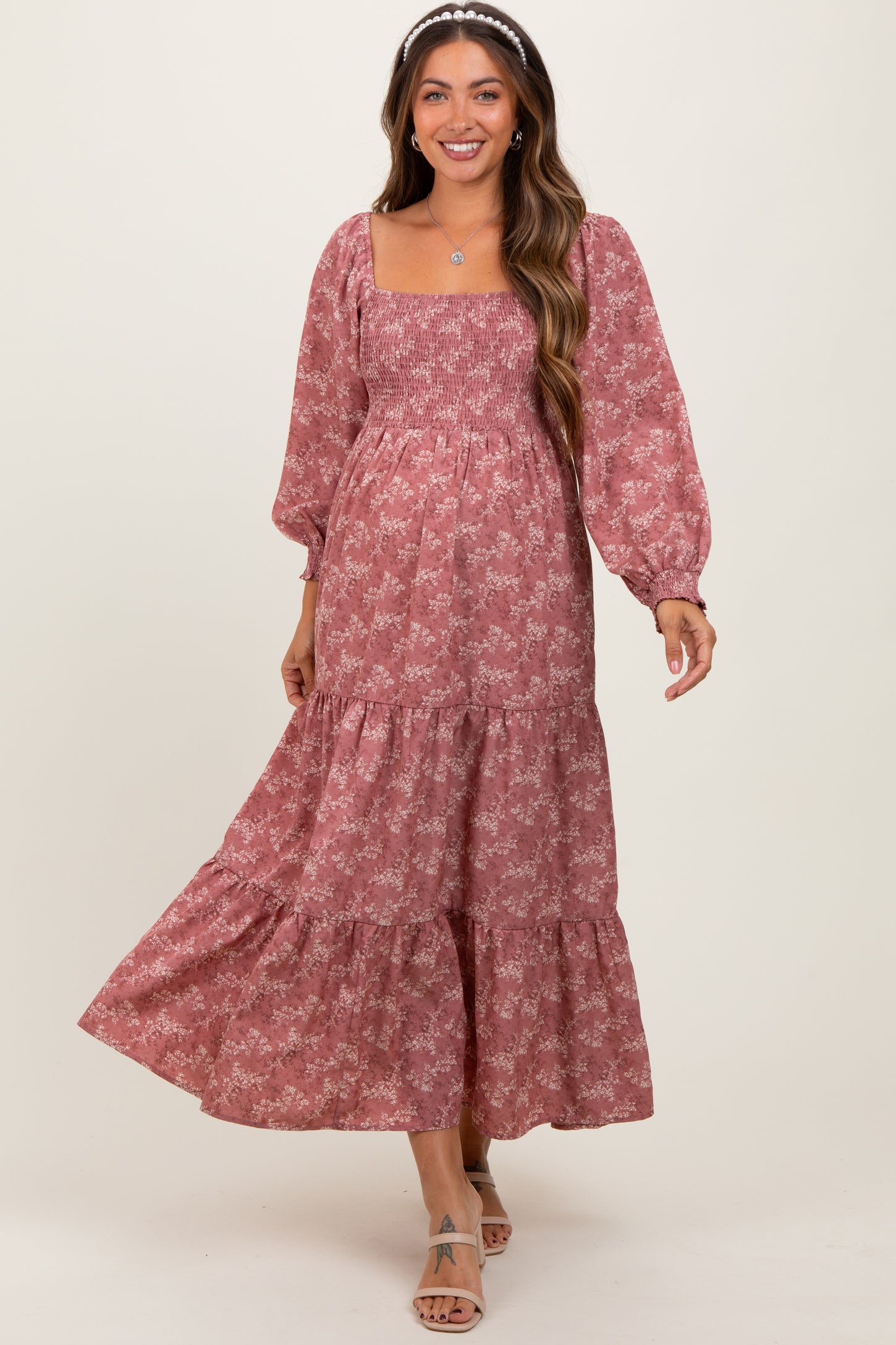 Mauve Floral Smocked Square Neck Maternity Maxi Dress Mauve Floral Smocked Square Neck Maternity Maxi Dress