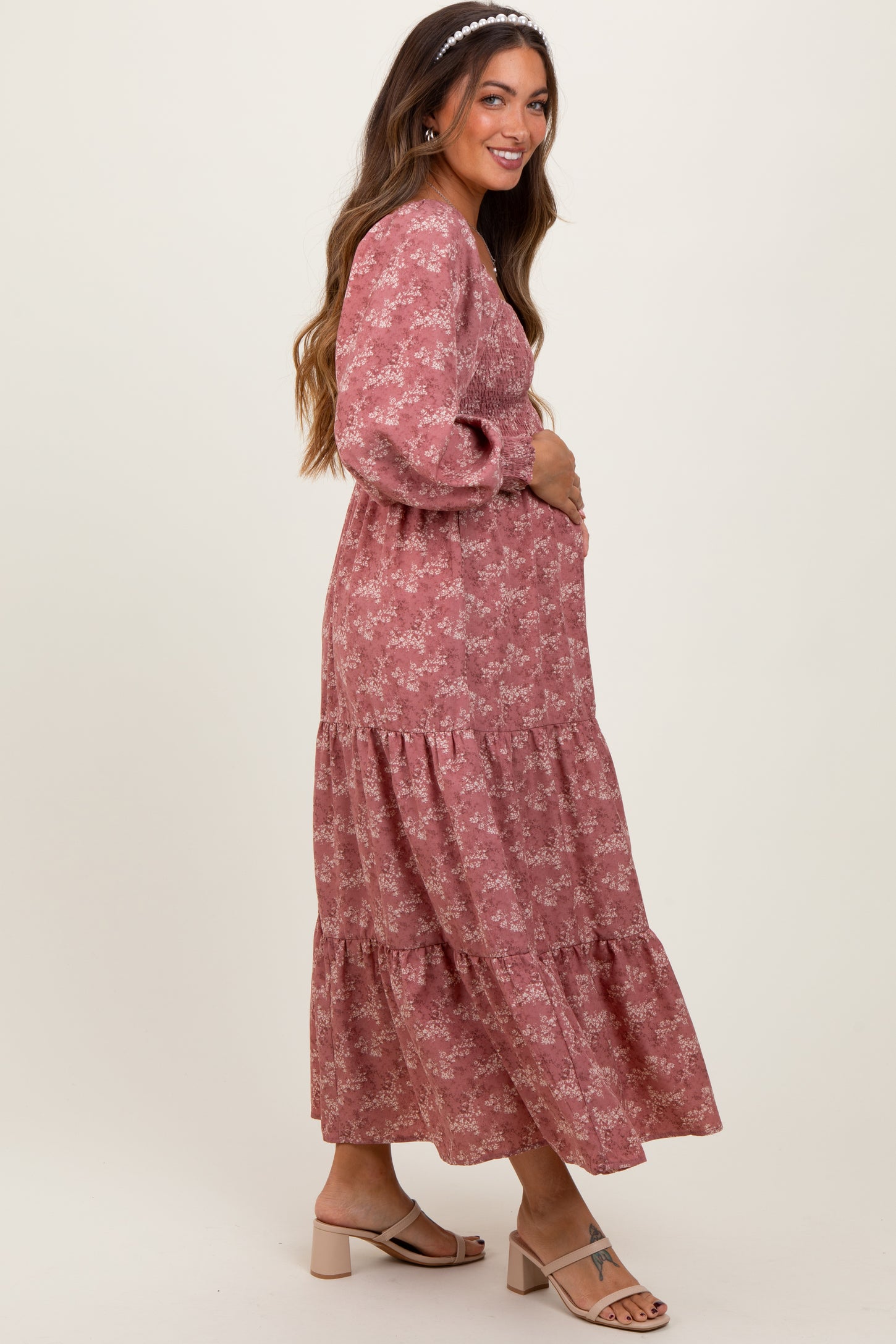 mock neck long sleeve mumu dress pink Mauve Floral Smocked Square Neck Maternity Maxi Dress