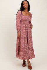Mauve Floral Smocked Square Neck Maxi Dress