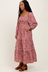 Mauve Floral Smocked Square Neck Maxi Dress