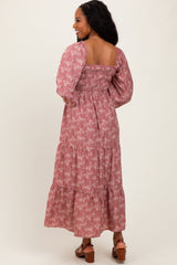 Mauve Floral Smocked Square Neck Maxi Dress