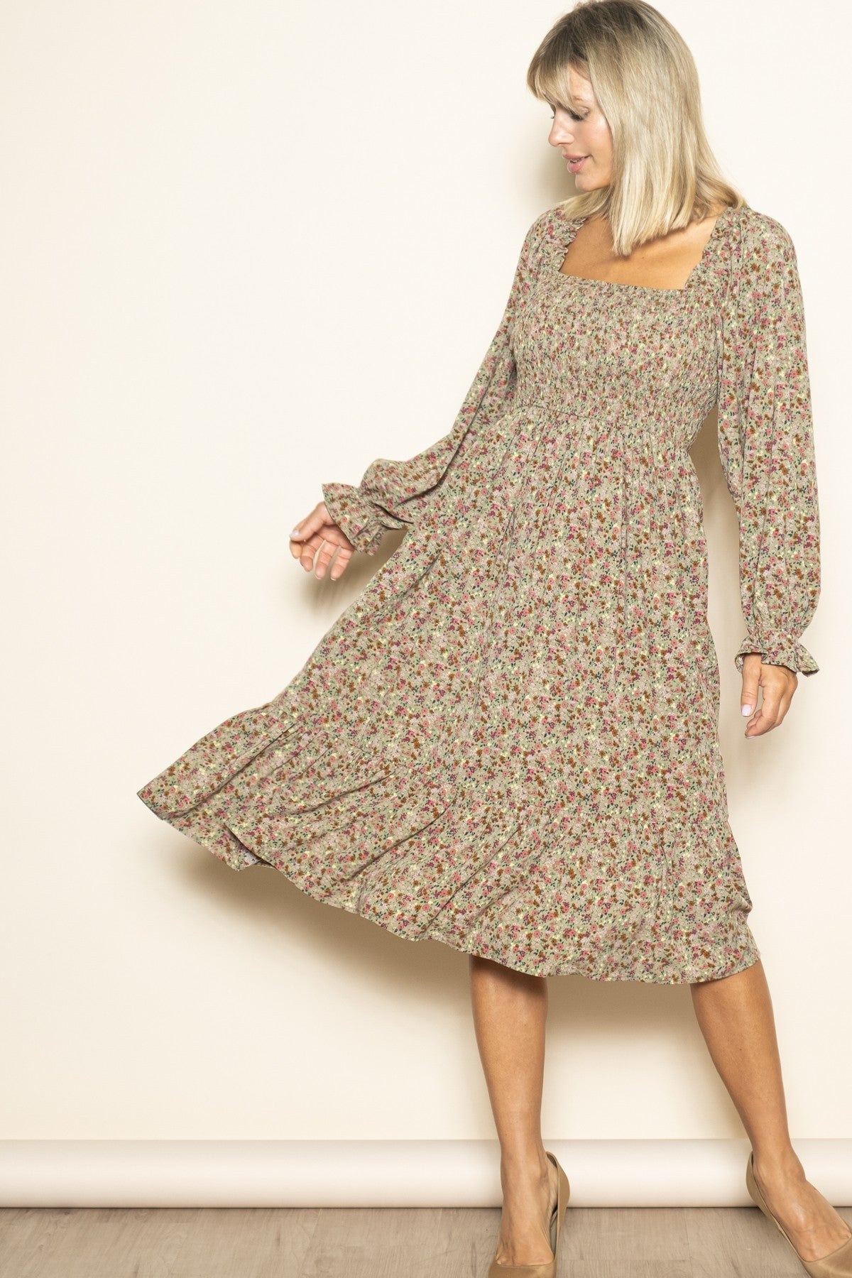 Olive Floral Smocked Velvet Back Tie Midi Dress
