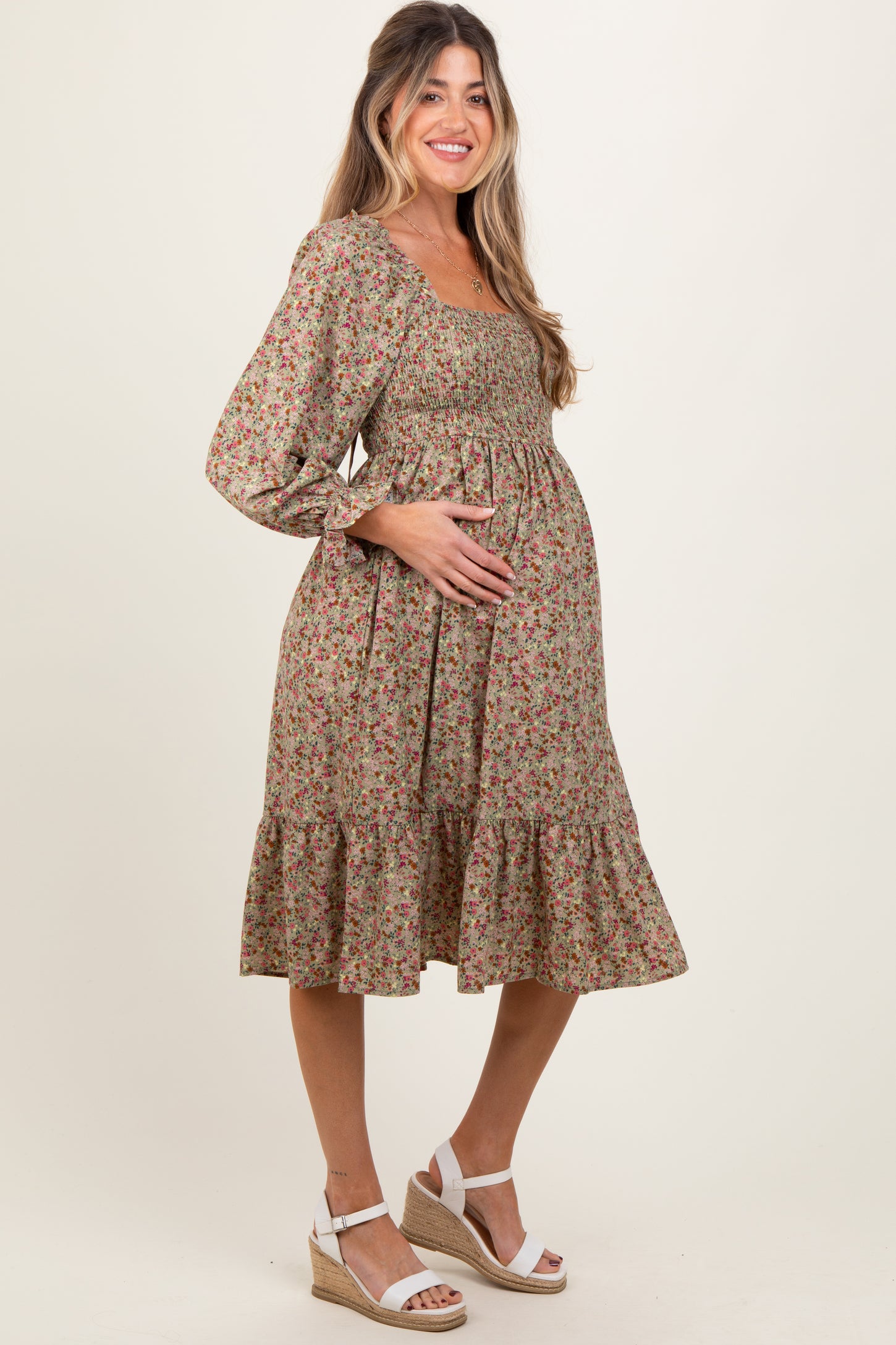 Olive Floral Smocked Velvet Back Tie Maternity Midi Dress
