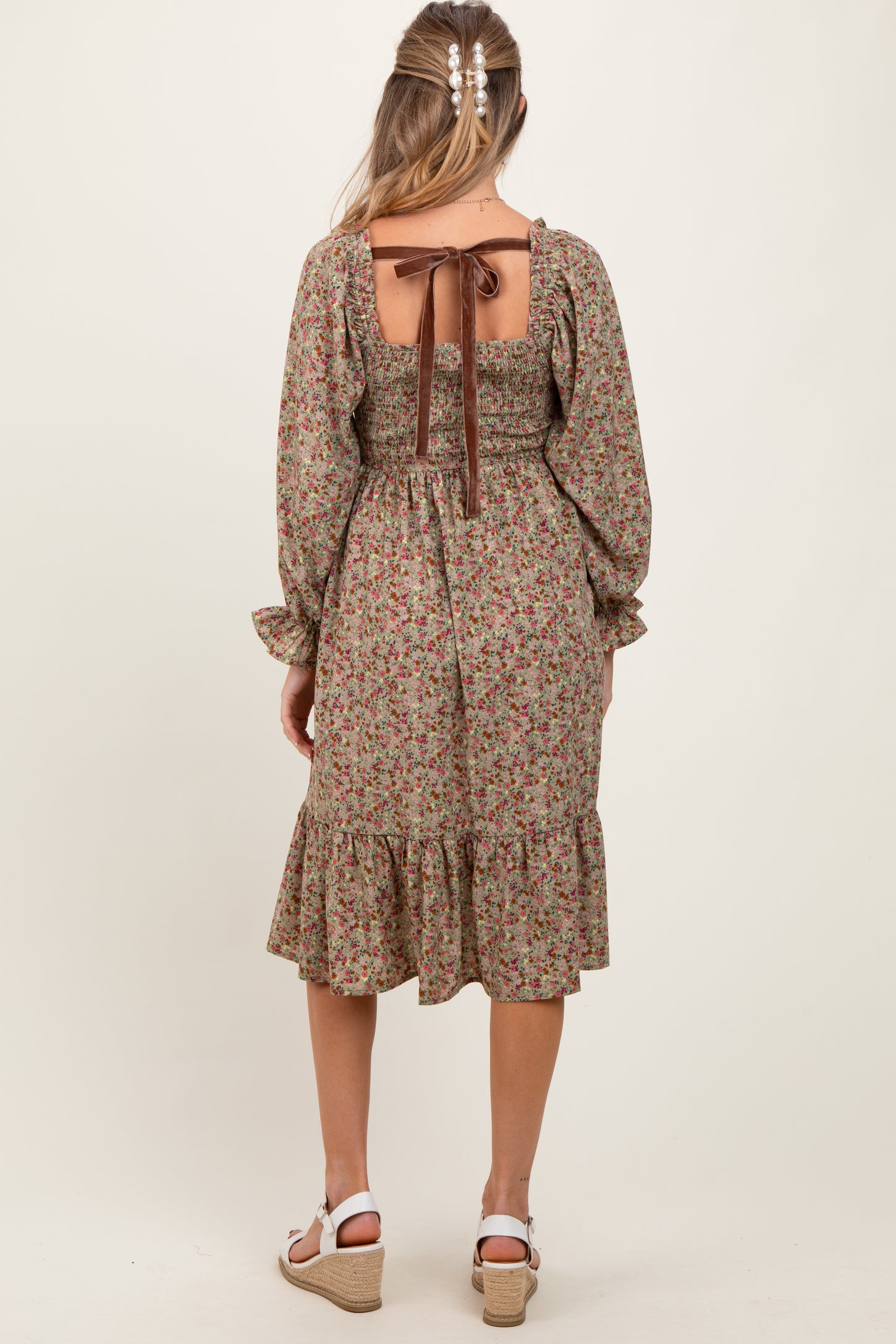 Olive Floral Smocked Velvet Back Tie Maternity Midi Dress