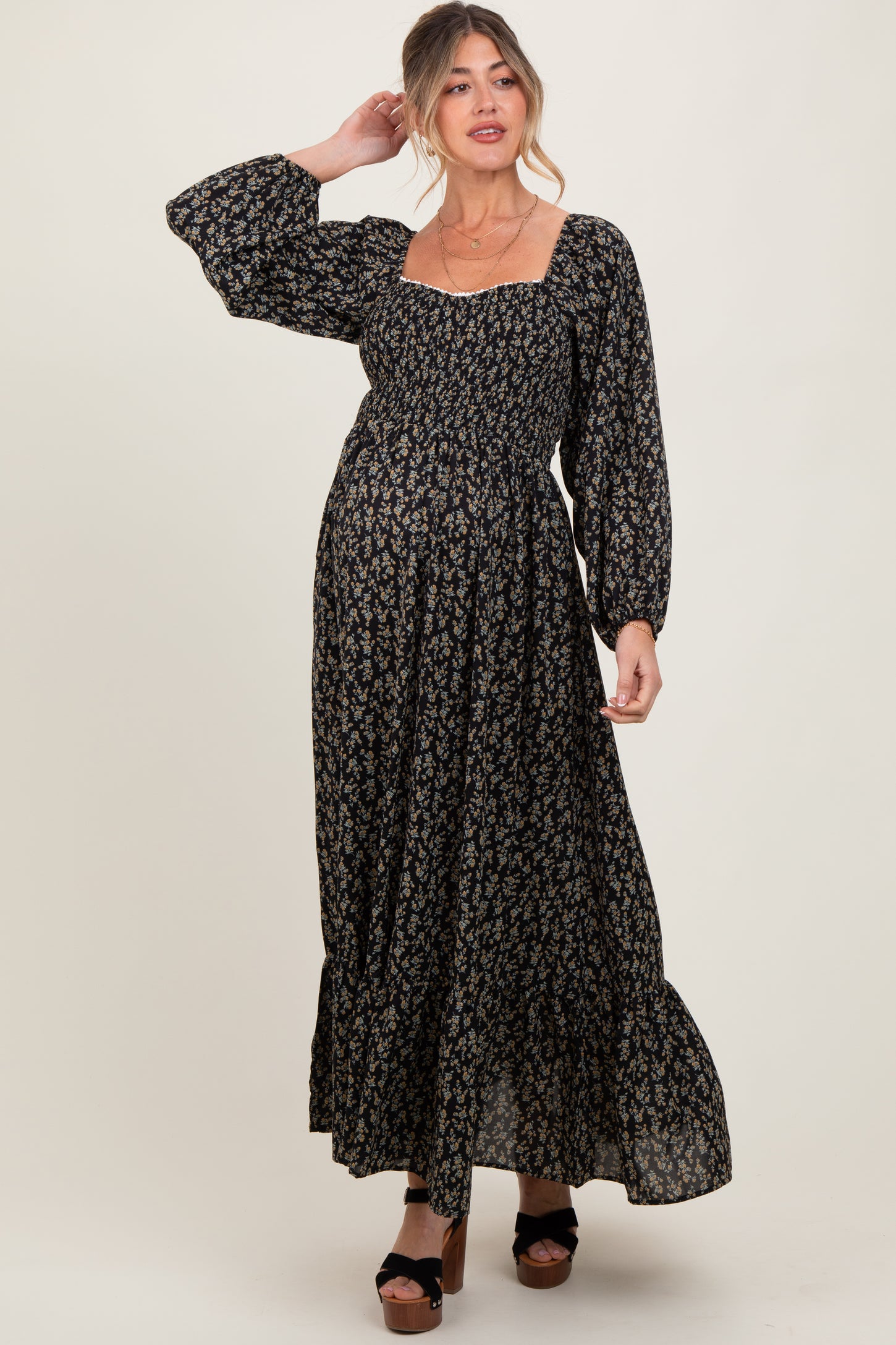 Black Floral Smocked Lace Trim Sweetheart Maternity Maxi Dress