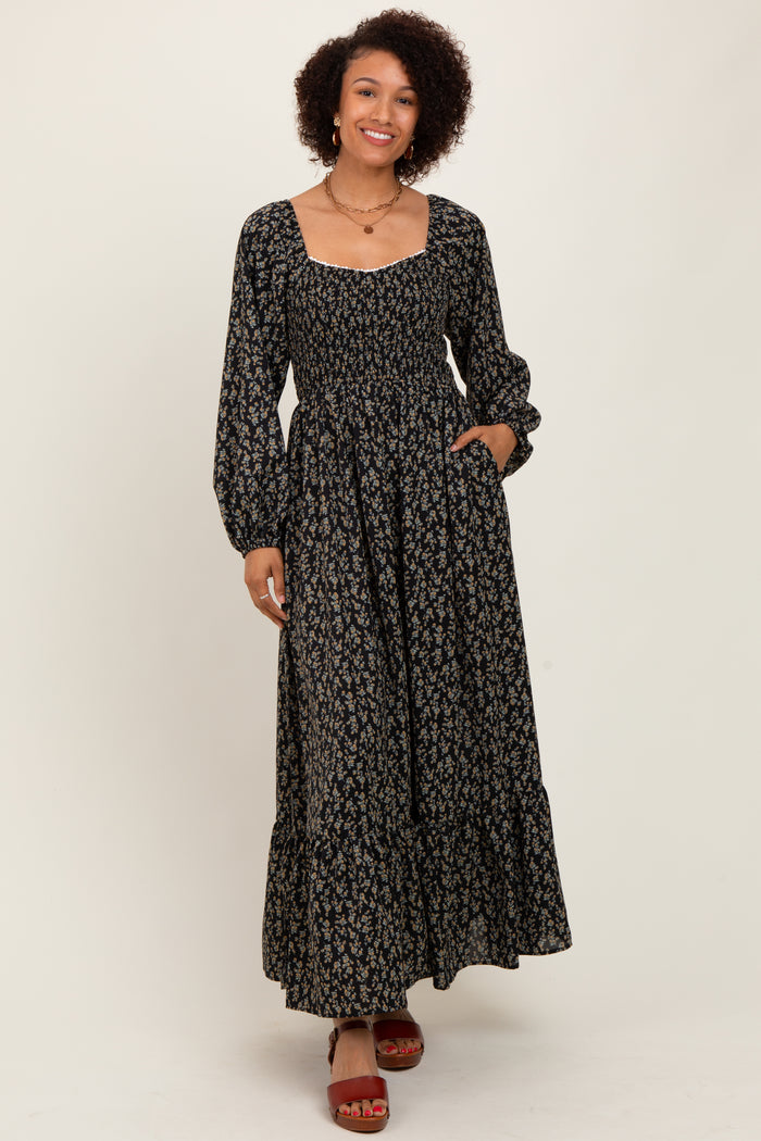 Black Floral Smocked Lace Trim Sweetheart Maternity Maxi Dress