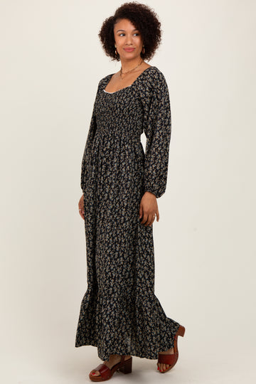 Black Floral Smocked Lace Trim Sweetheart Maxi Dress