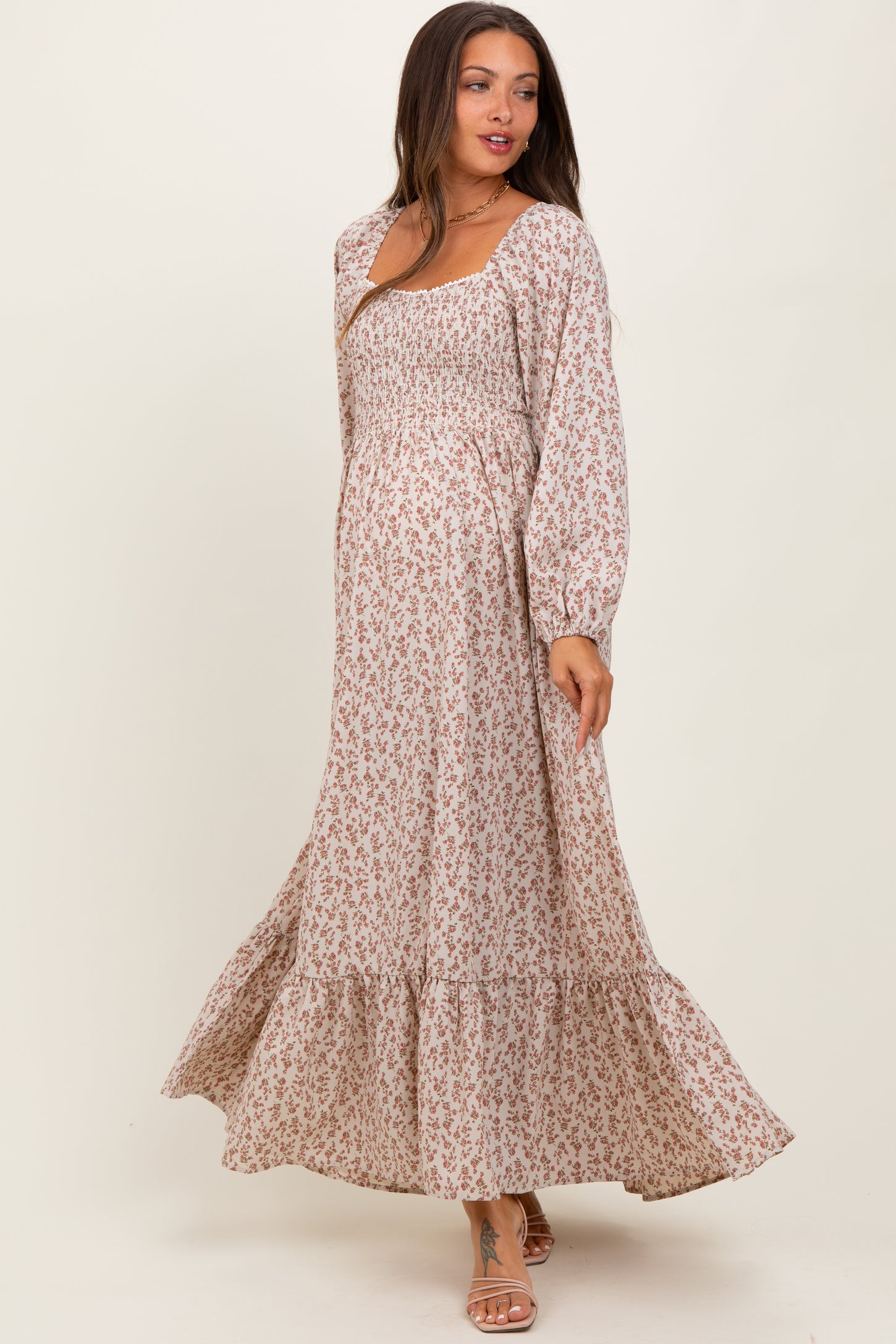 Pink Floral Smocked Lace Trim Sweetheart Maternity Maxi Dress