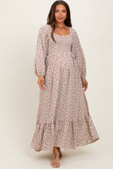 Pink Floral Smocked Lace Trim Sweetheart Maternity Maxi Dress