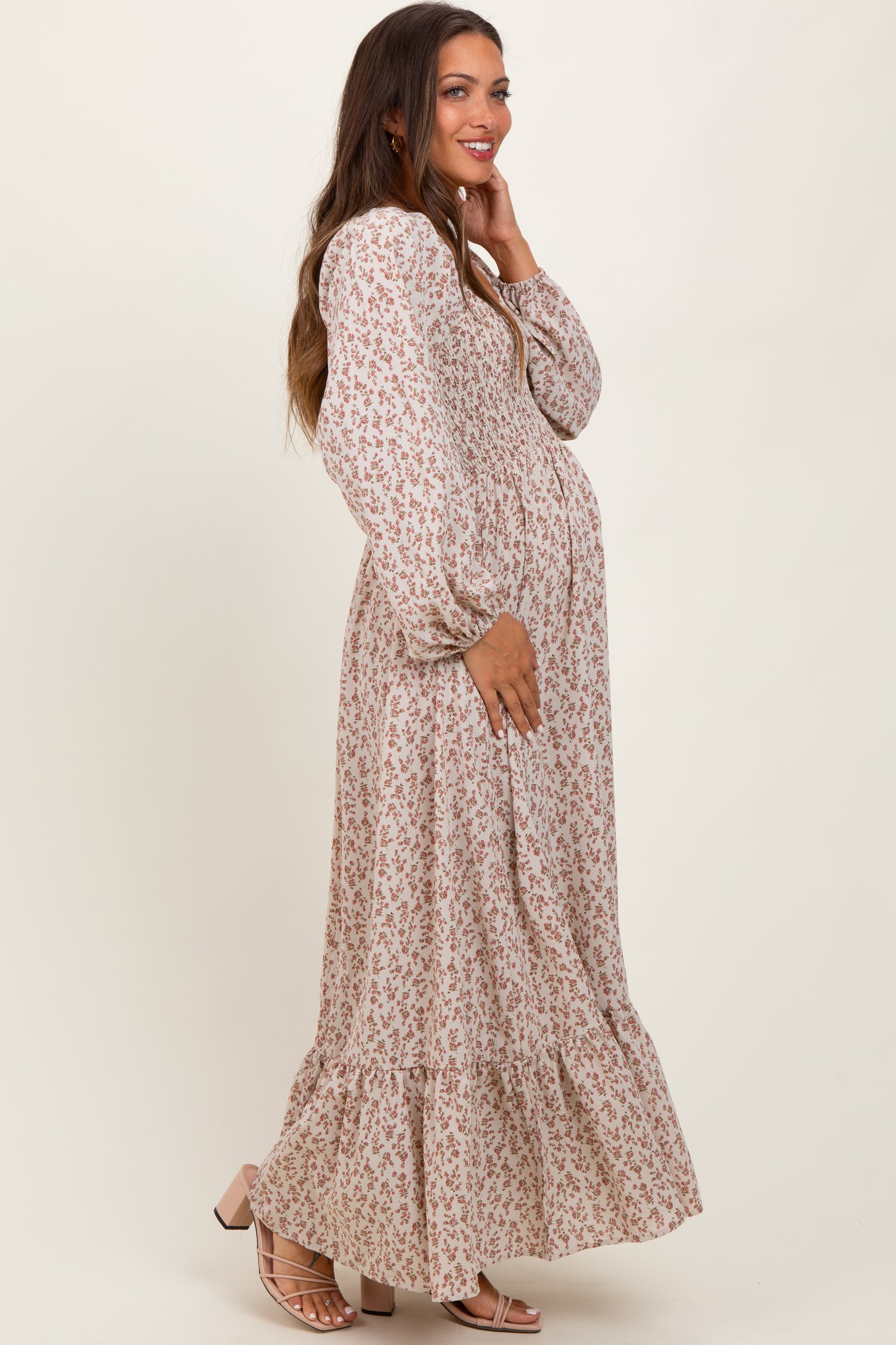 Pink Floral Smocked Lace Trim Sweetheart Maternity Maxi Dress