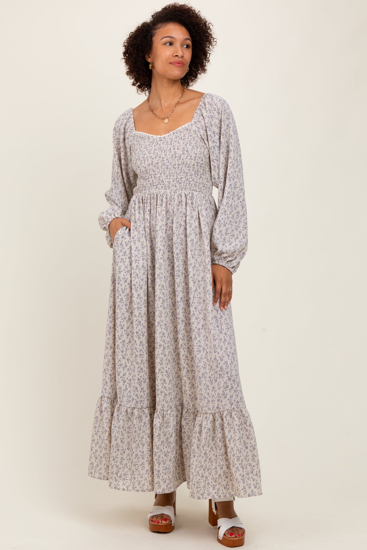 Lavender Floral Smocked Lace Trim Sweetheart Maxi Dress