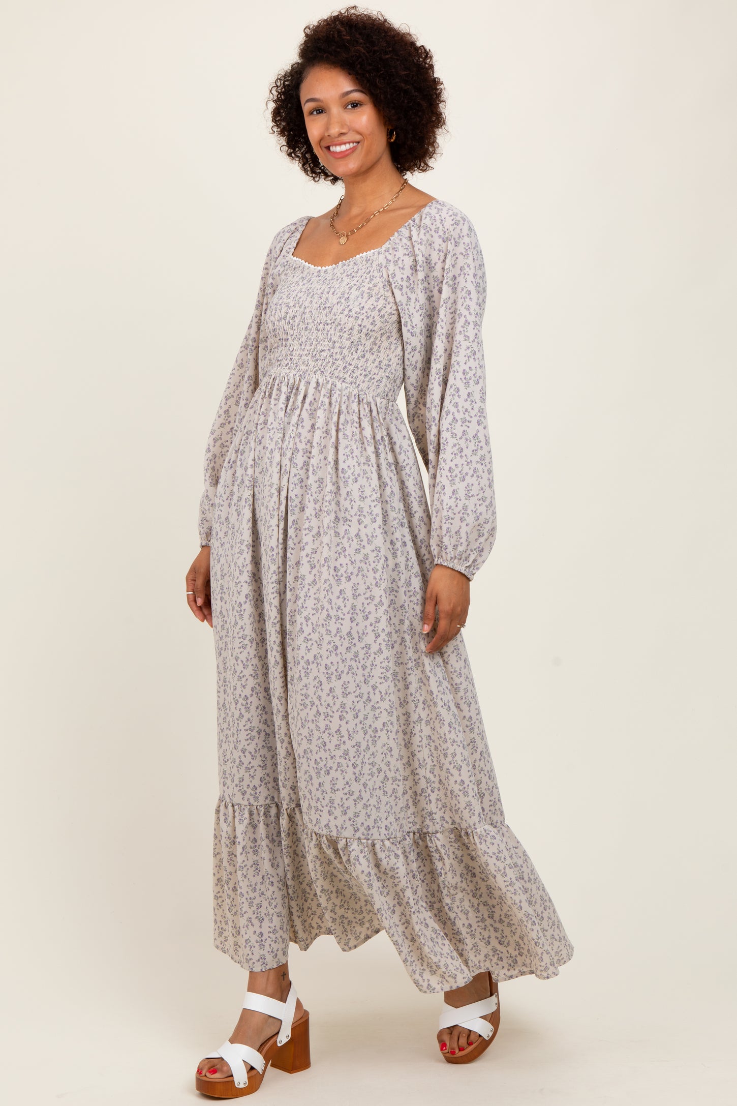 Lavender Floral Smocked Lace Trim Sweetheart Maxi Dress