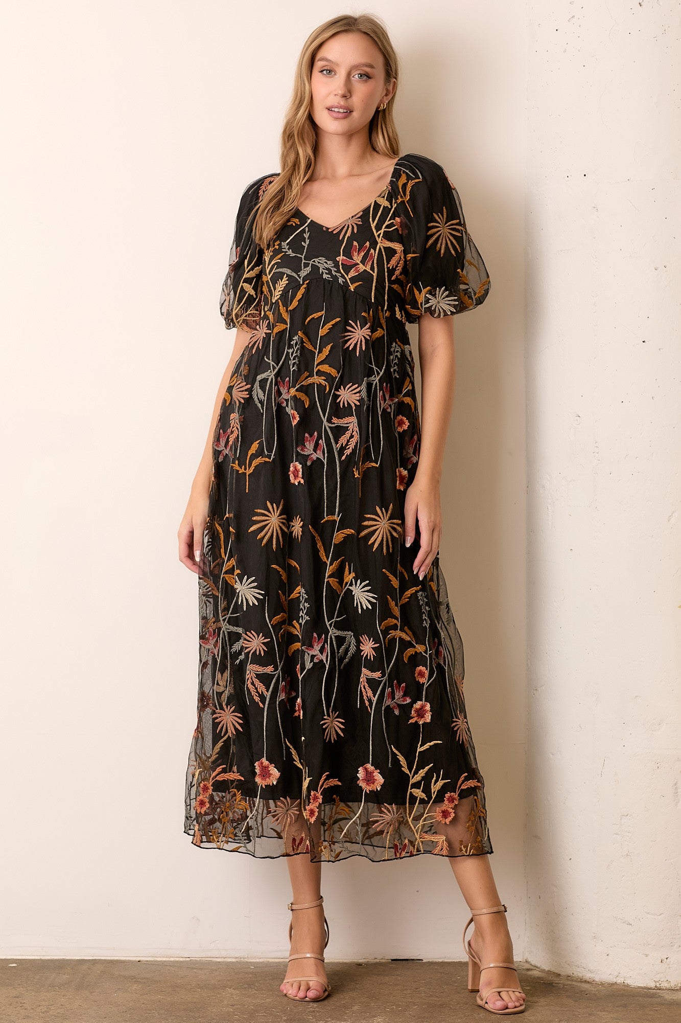 Black Embroidered Floral Mesh Overlay Maternity Midi Dress