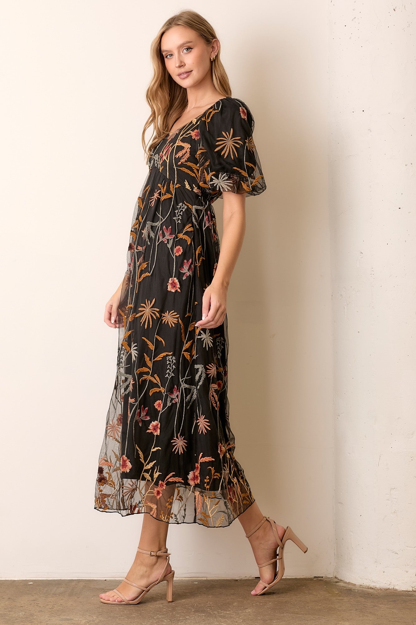 Black Embroidered Floral Mesh Overlay Midi Dress