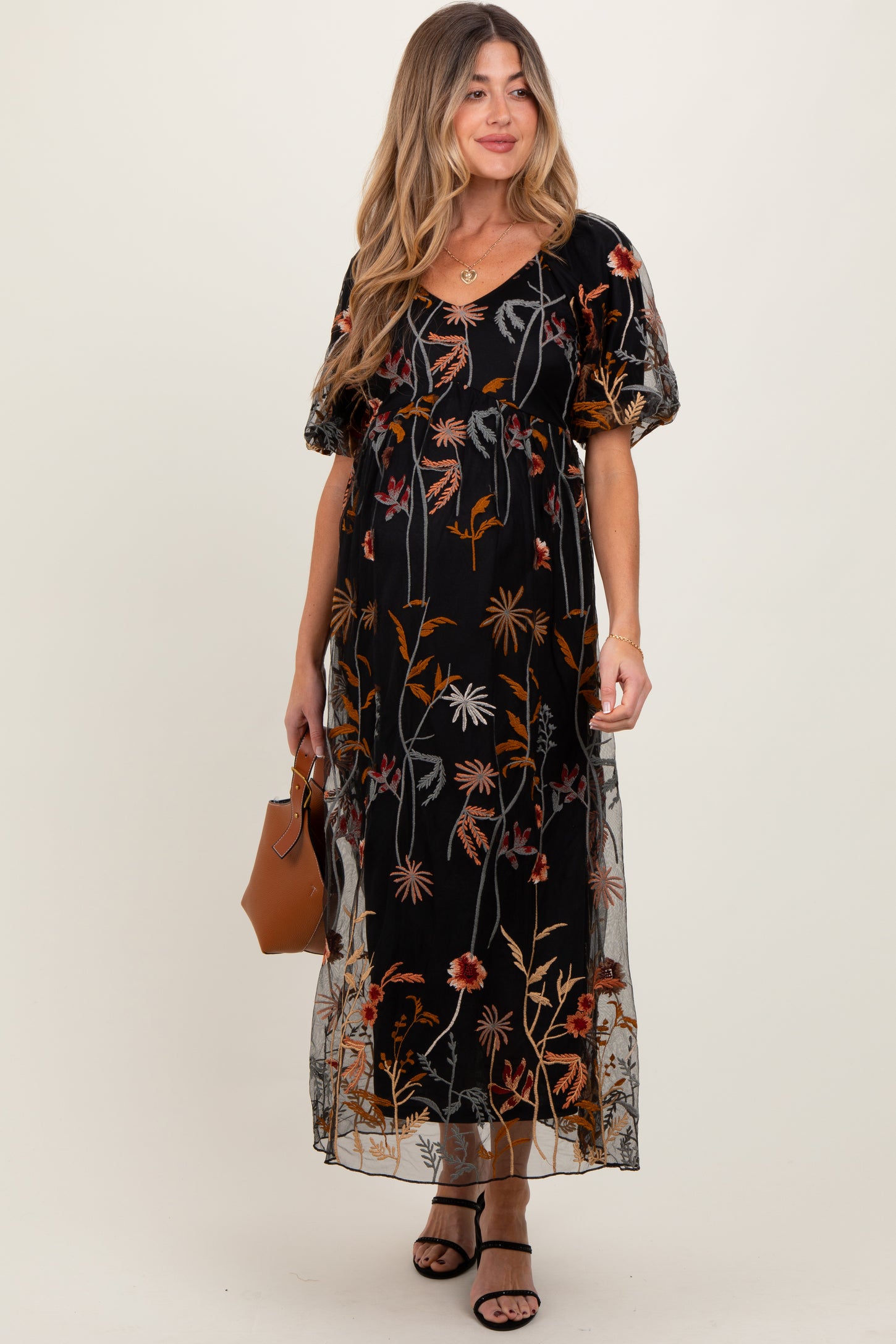 Black Embroidered Floral Mesh Overlay Maternity Midi Dress