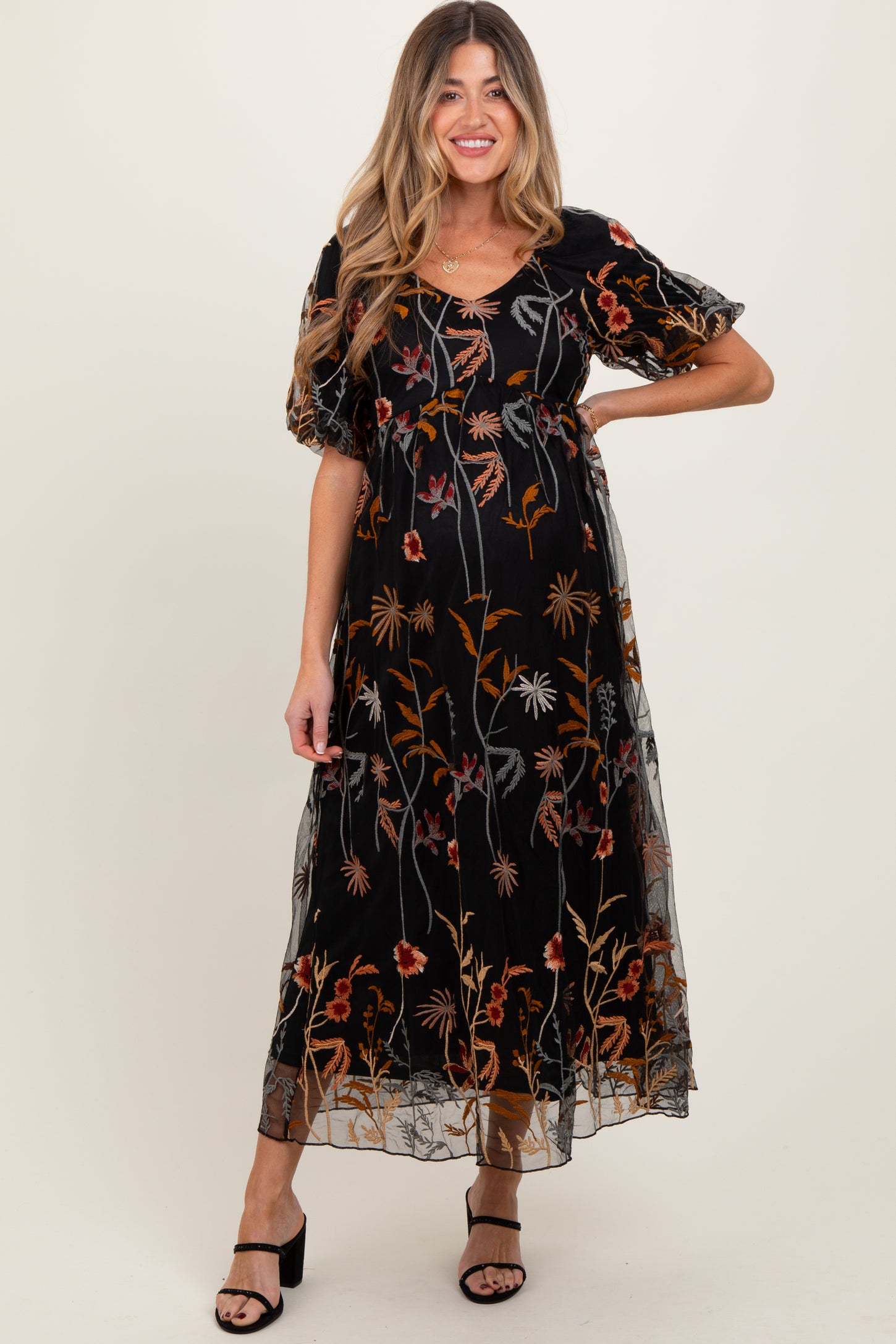 Black Embroidered Floral Mesh Overlay Maternity Midi Dress PinkBlush Black Embroidered Floral Mesh Overlay Maternity Midi Dress PinkBlush