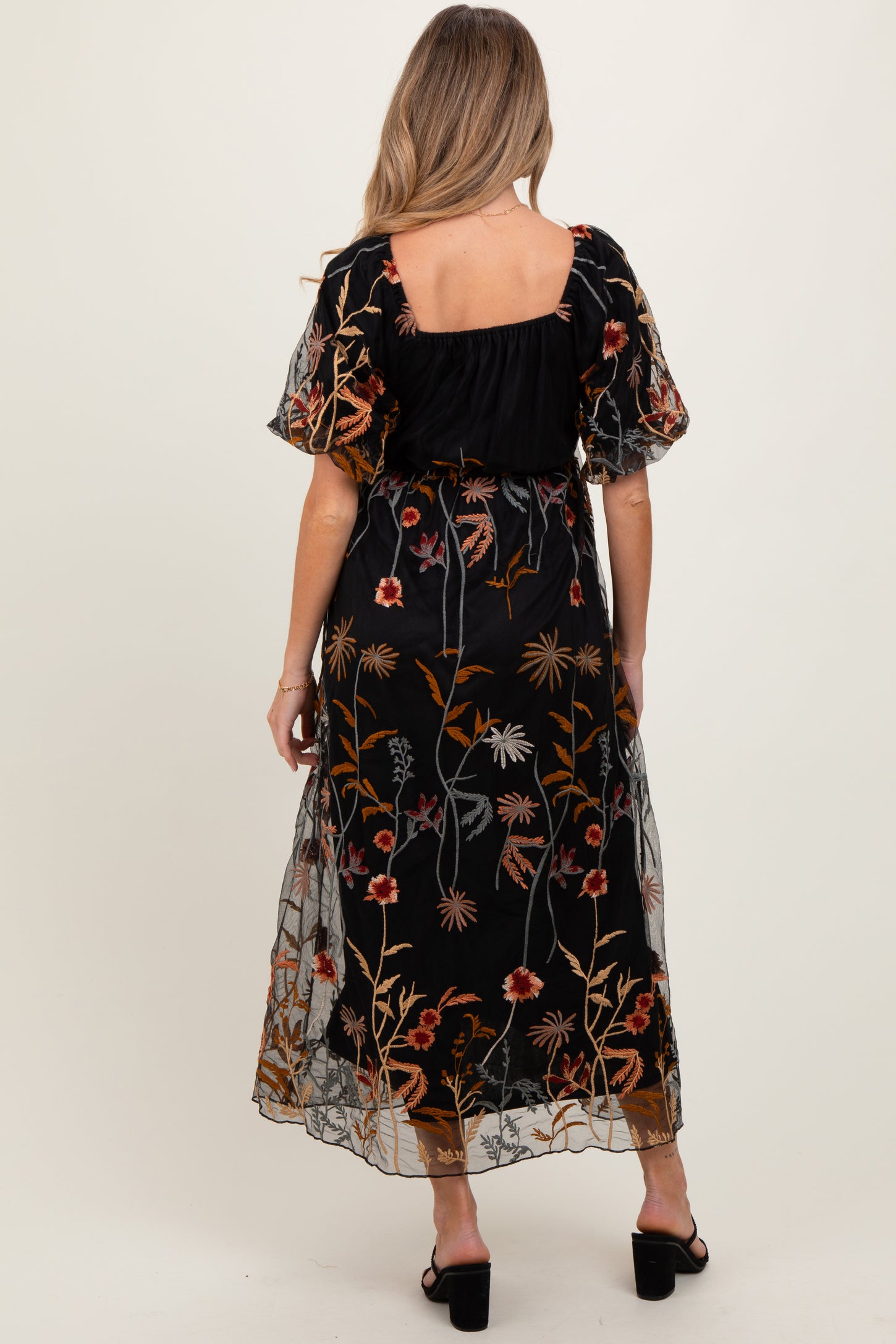 Black Embroidered Floral Mesh Overlay Maternity Midi Dress