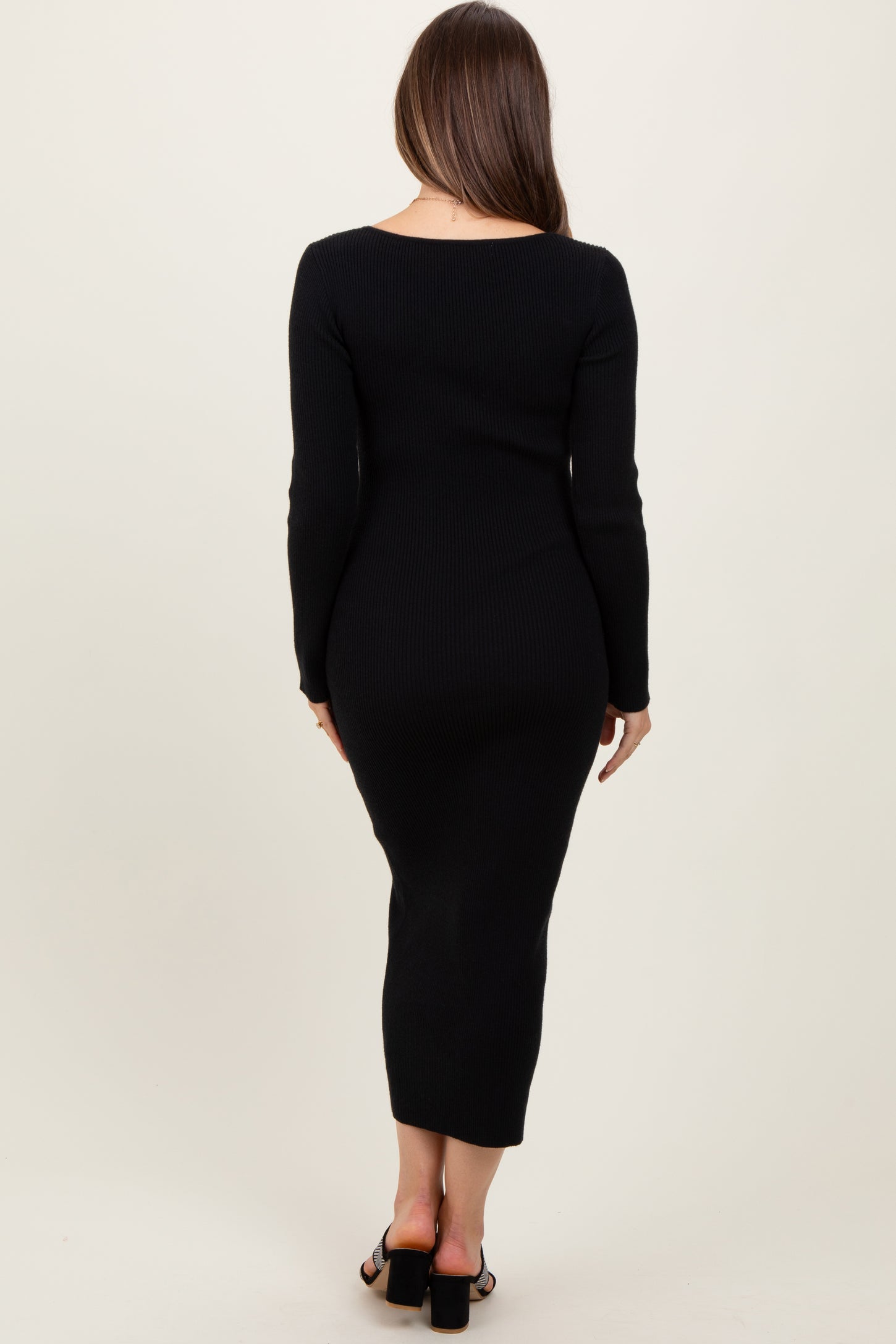 Black Henley Ribbed Maternity Midi Sweater Dress