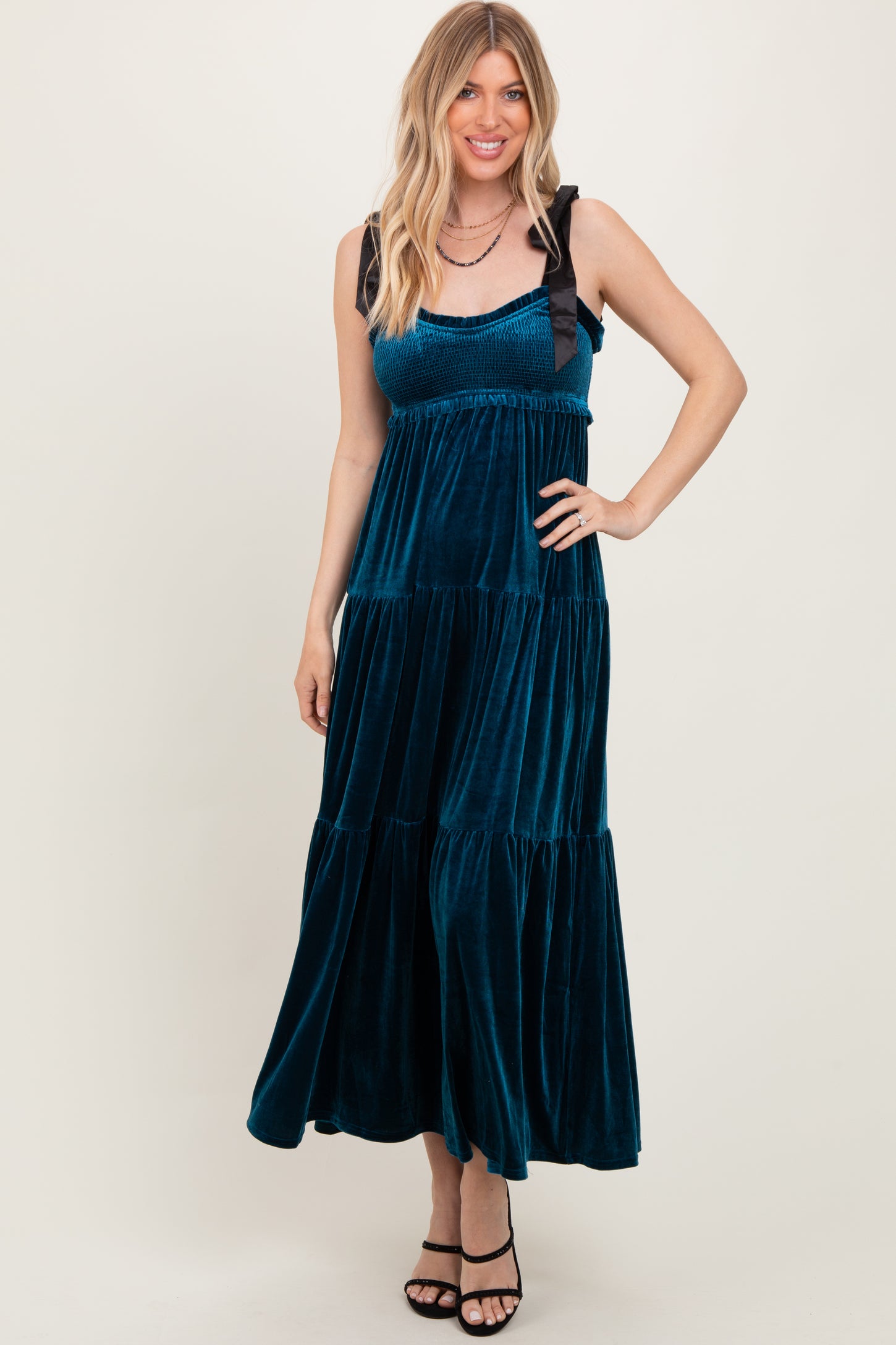 Deep Teal Velvet Smocked Satin Shoulder Tie Maxi Dress