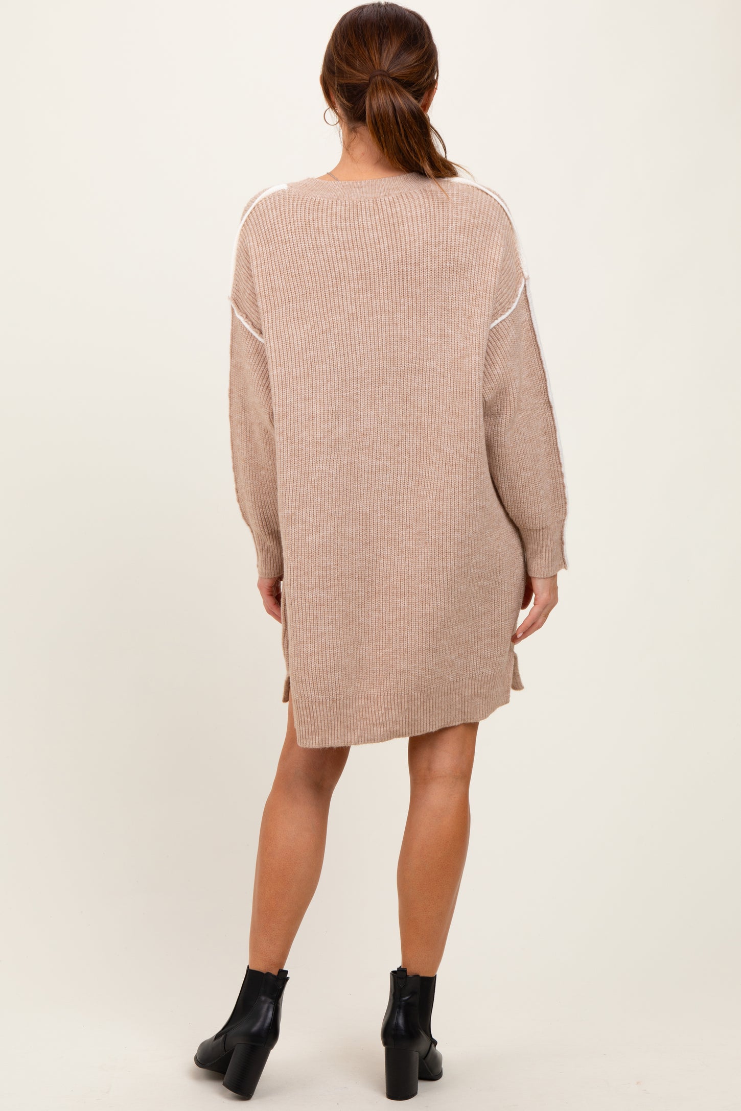 Beige Turtleneck Colorblock Contrast Trim Sweater Dress