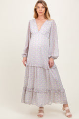 Ivory Floral Chiffon V-Neck Ruffle Tiered Maternity Maxi Dress