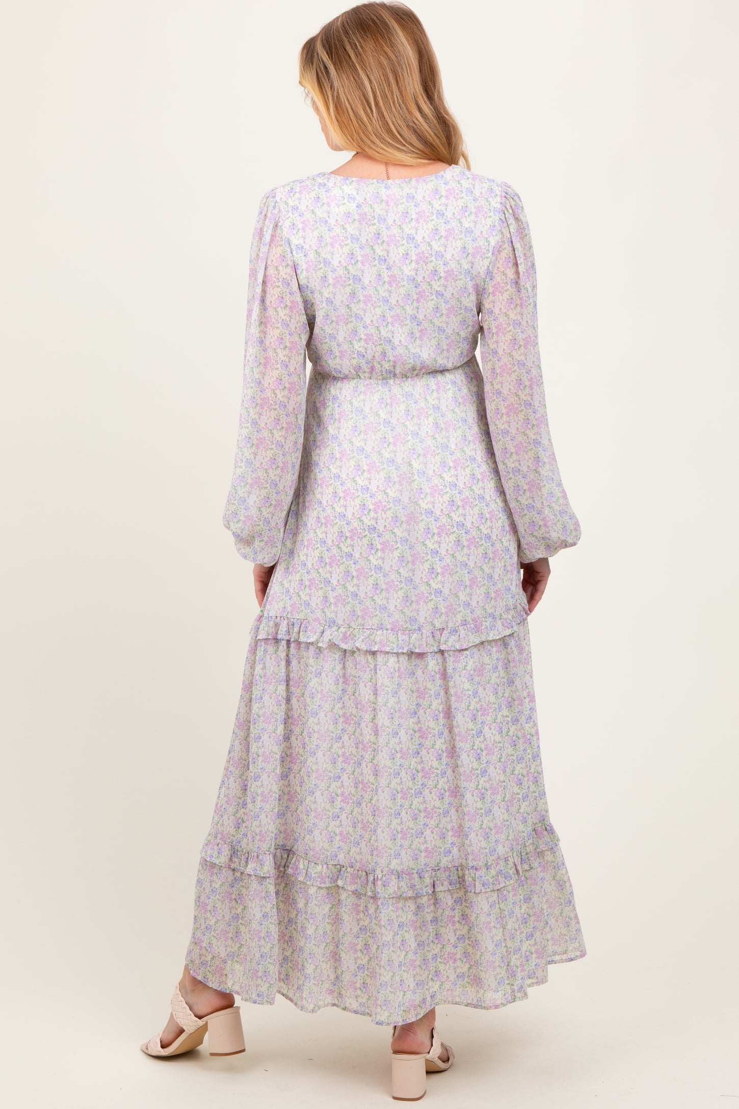 Ivory Floral Chiffon V-Neck Ruffle Tiered Maternity Maxi Dress