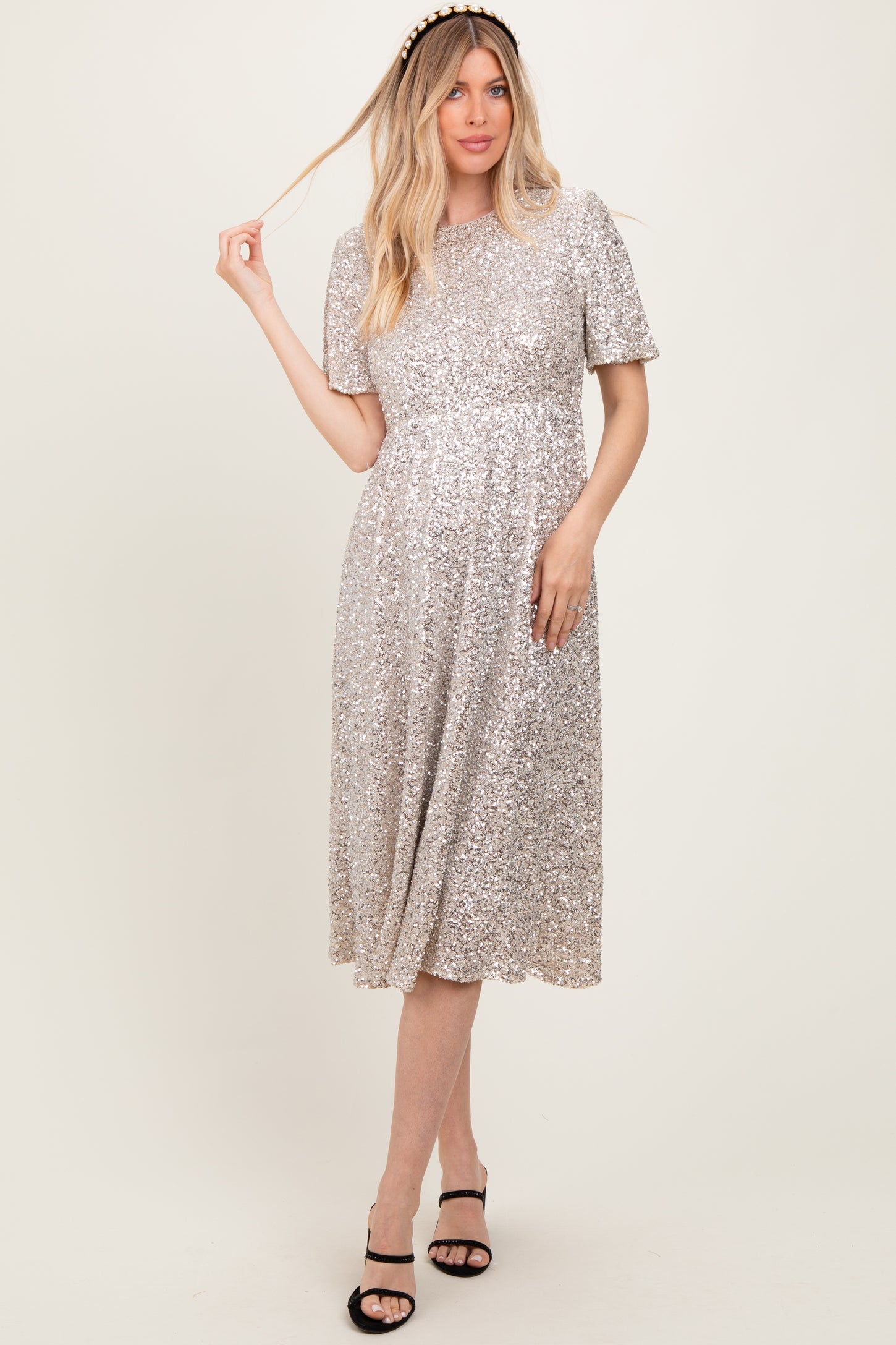 gold sequin short sleeve dress Glitter Print Short Sleeve A-line Gown by GLS Gloria GL3493 M / Gold