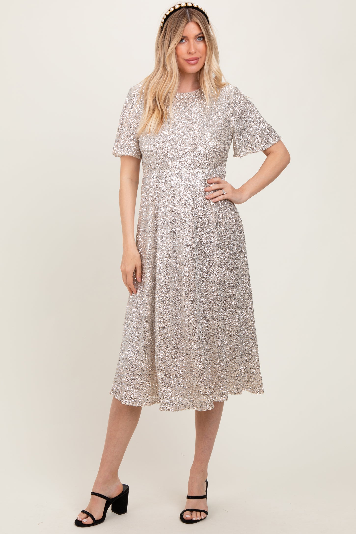 gold sequin short sleeve dress Sparkly Gold Sequin Short Sleeves Long Prom Dress with Square Neck - $163.98 #AM6016