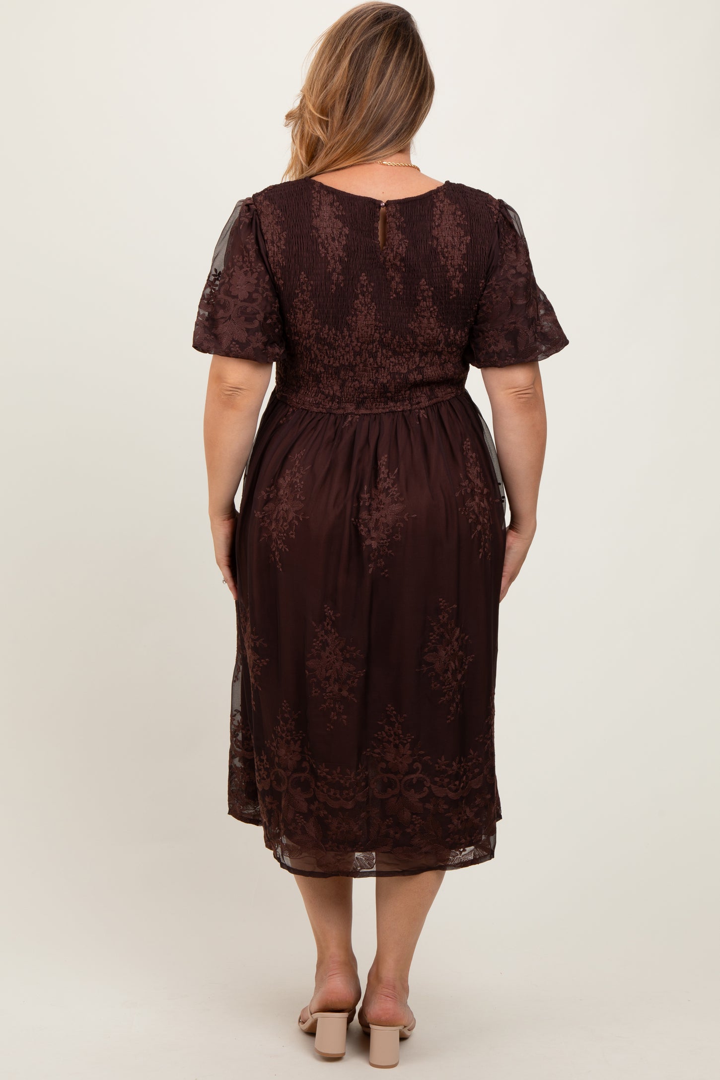 Brown Floral Embroidered Mesh Overlay Smocked Maternity Plus Midi Dres PinkBlush Brown Floral Embroidered Mesh Overlay Smocked Maternity Plus Midi Dres PinkBlush