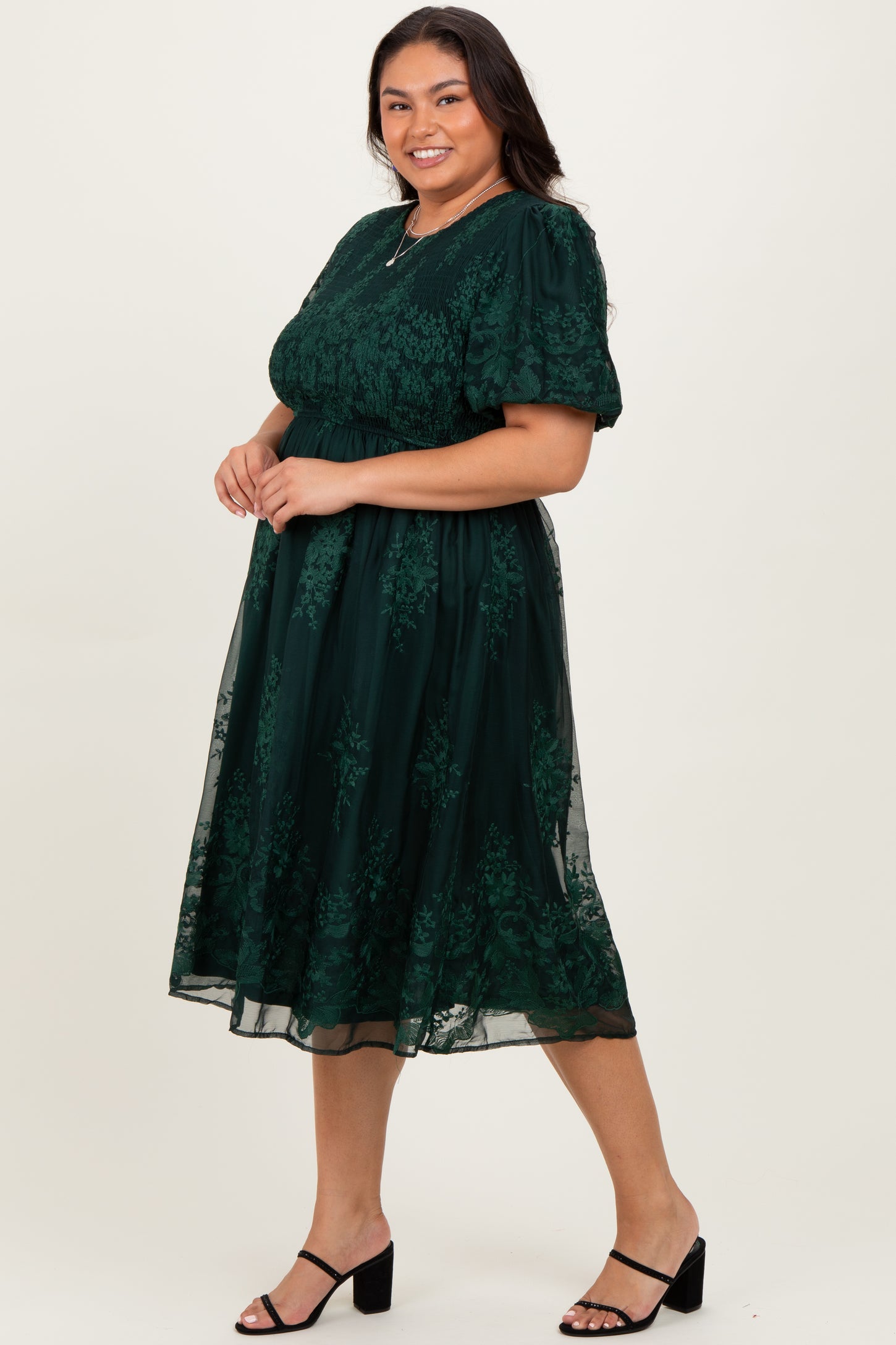 Forest Green Floral Embroidered Mesh Overlay Smocked Plus Midi Dress PinkBlush Forest Green Floral Embroidered Mesh Overlay Smocked Plus Midi Dress PinkBlush