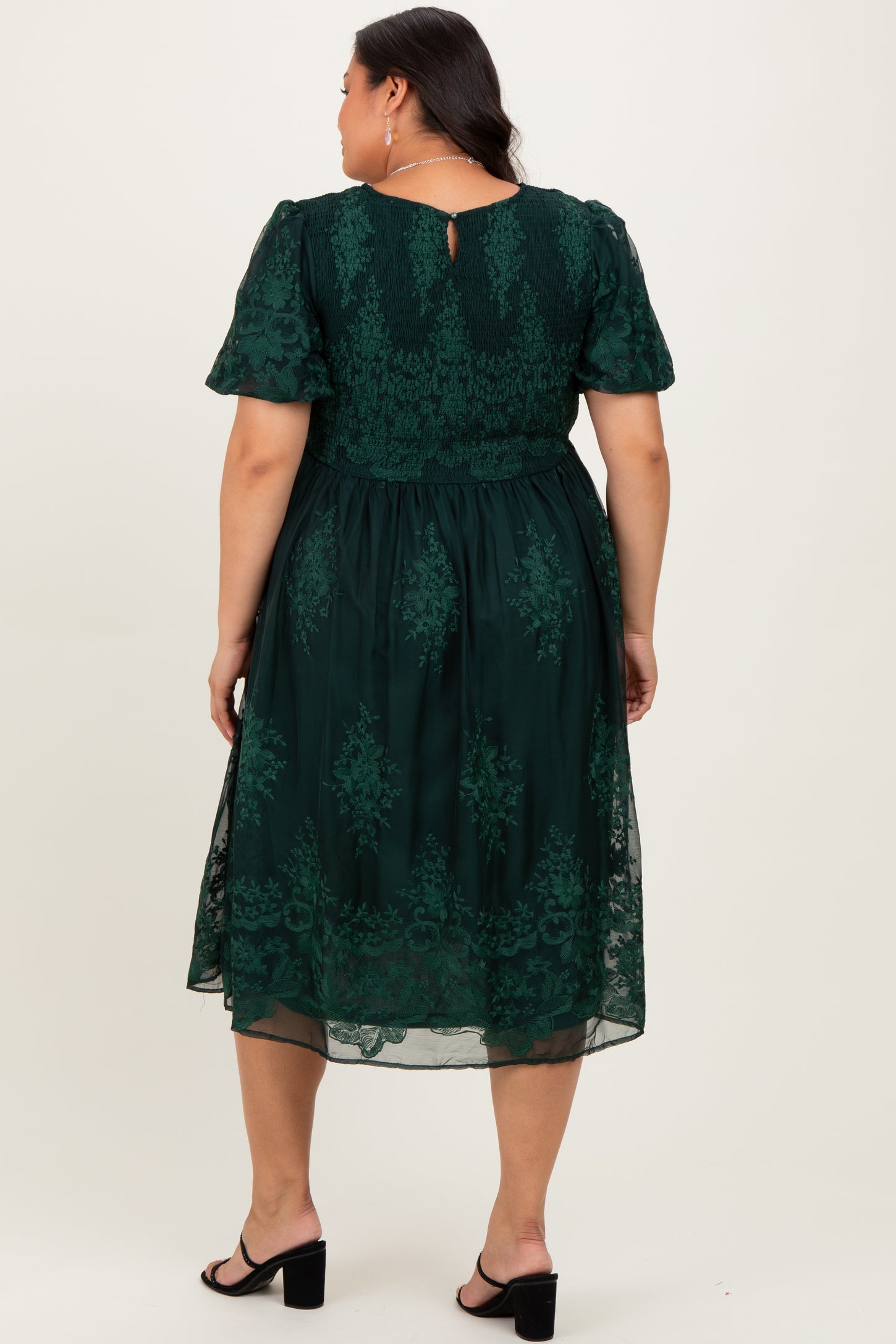 Forest Green Floral Embroidered Mesh Overlay Smocked Plus Midi Dress Forest Green Floral Embroidered Mesh Overlay Smocked Plus Midi Dress
