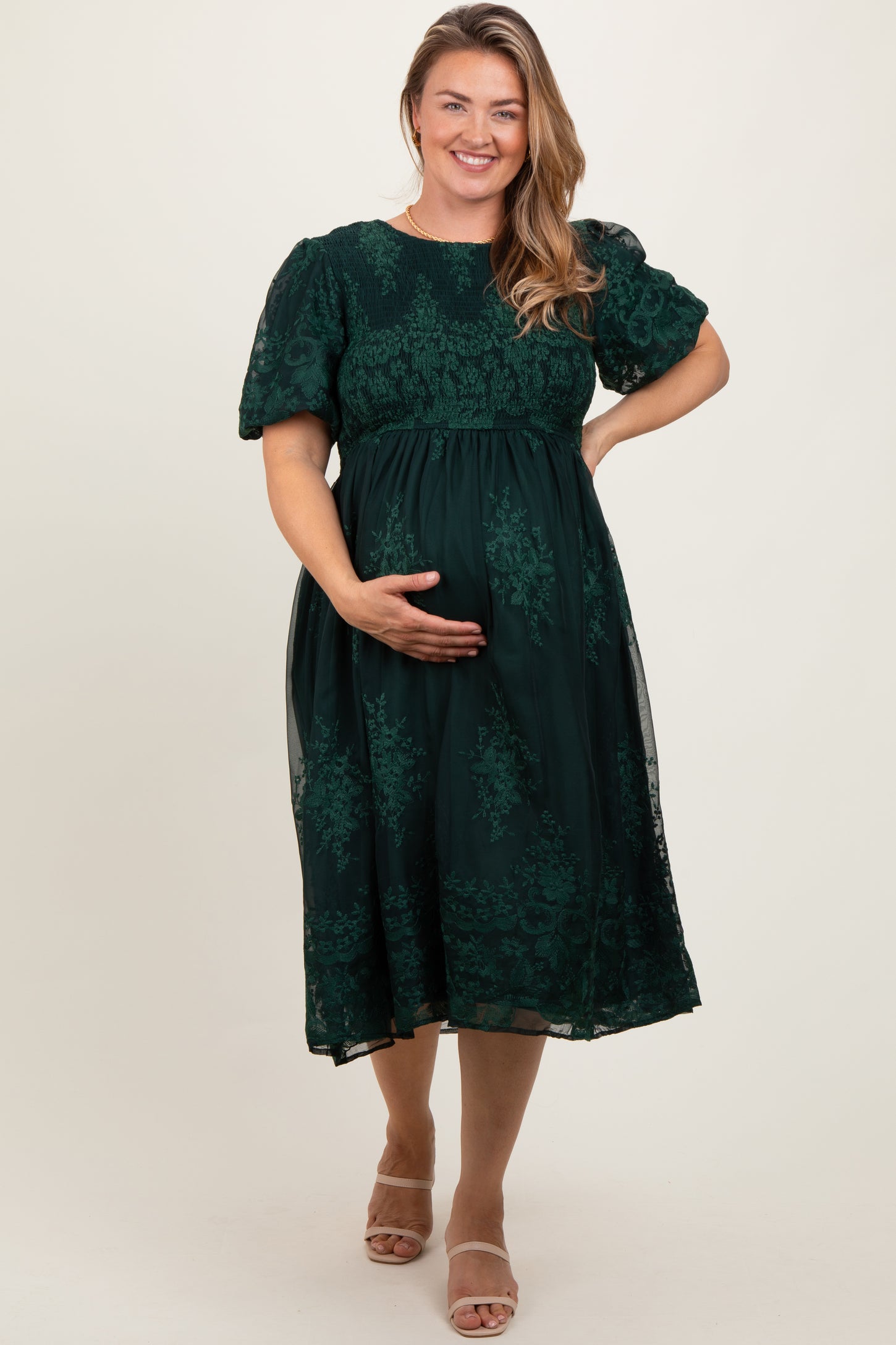 Forest Green Floral Embroidered Mesh Overlay Smocked Maternity Plus Mi – PinkBlush