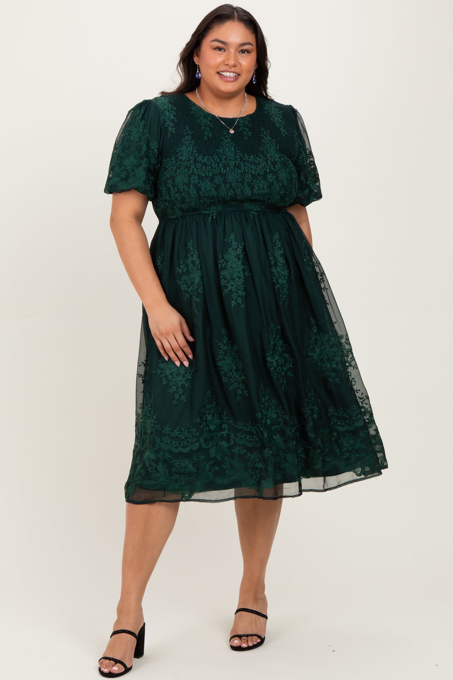 Forest Green Floral Embroidered Mesh Overlay Smocked Plus Midi Dress PinkBlush Forest Green Floral Embroidered Mesh Overlay Smocked Plus Midi Dress PinkBlush