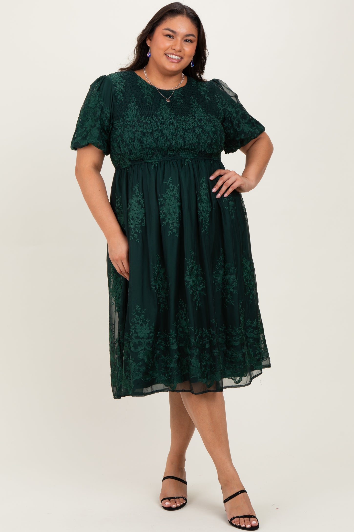 Forest Green Floral Embroidered Mesh Overlay Smocked Plus Midi Dress PinkBlush Forest Green Floral Embroidered Mesh Overlay Smocked Plus Midi Dress PinkBlush